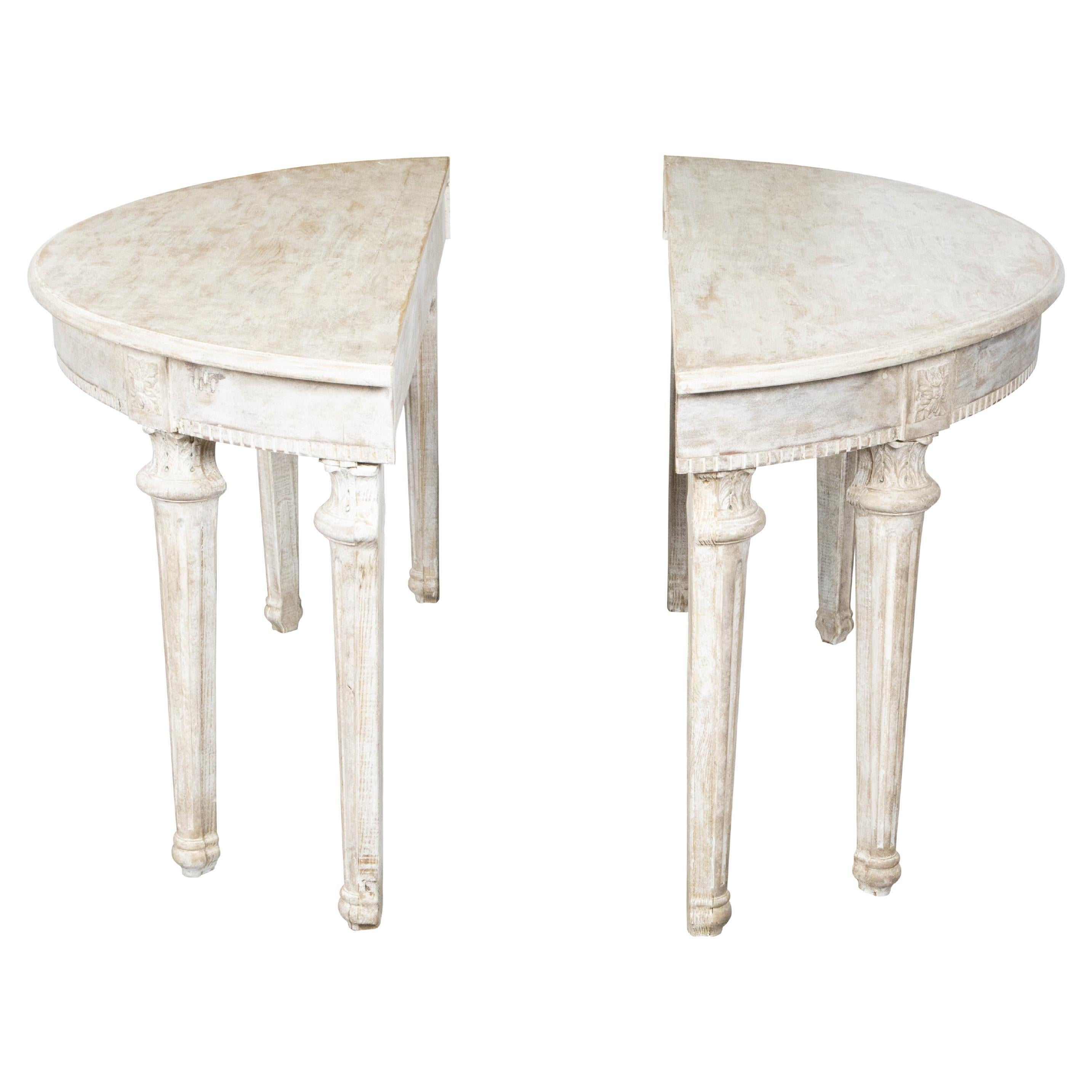 Pair of French Neoclassical Style 1880s Demilune Tables with Carved Décor For Sale
