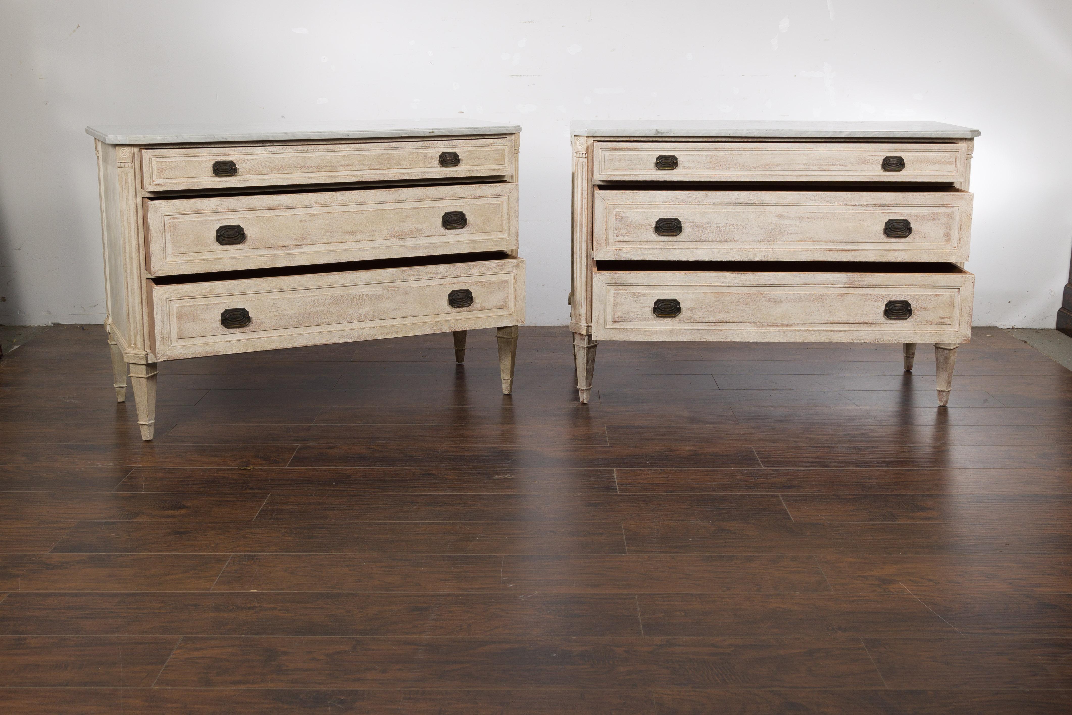 Pair of French Neoclassical Style 1930s Painted Chests with Marble Tops For Sale 9