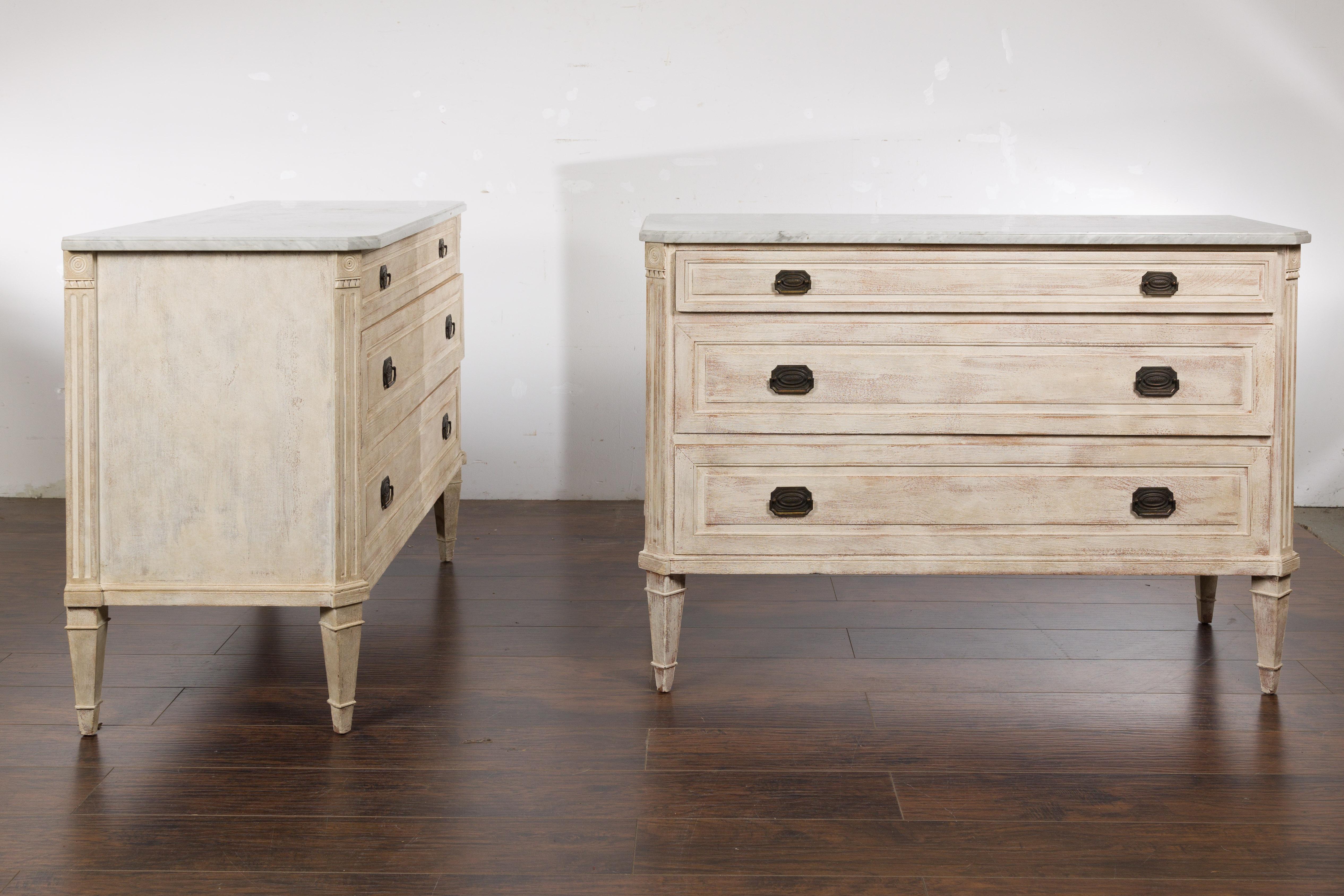 Pair of French Neoclassical Style 1930s Painted Chests with Marble Tops For Sale 11