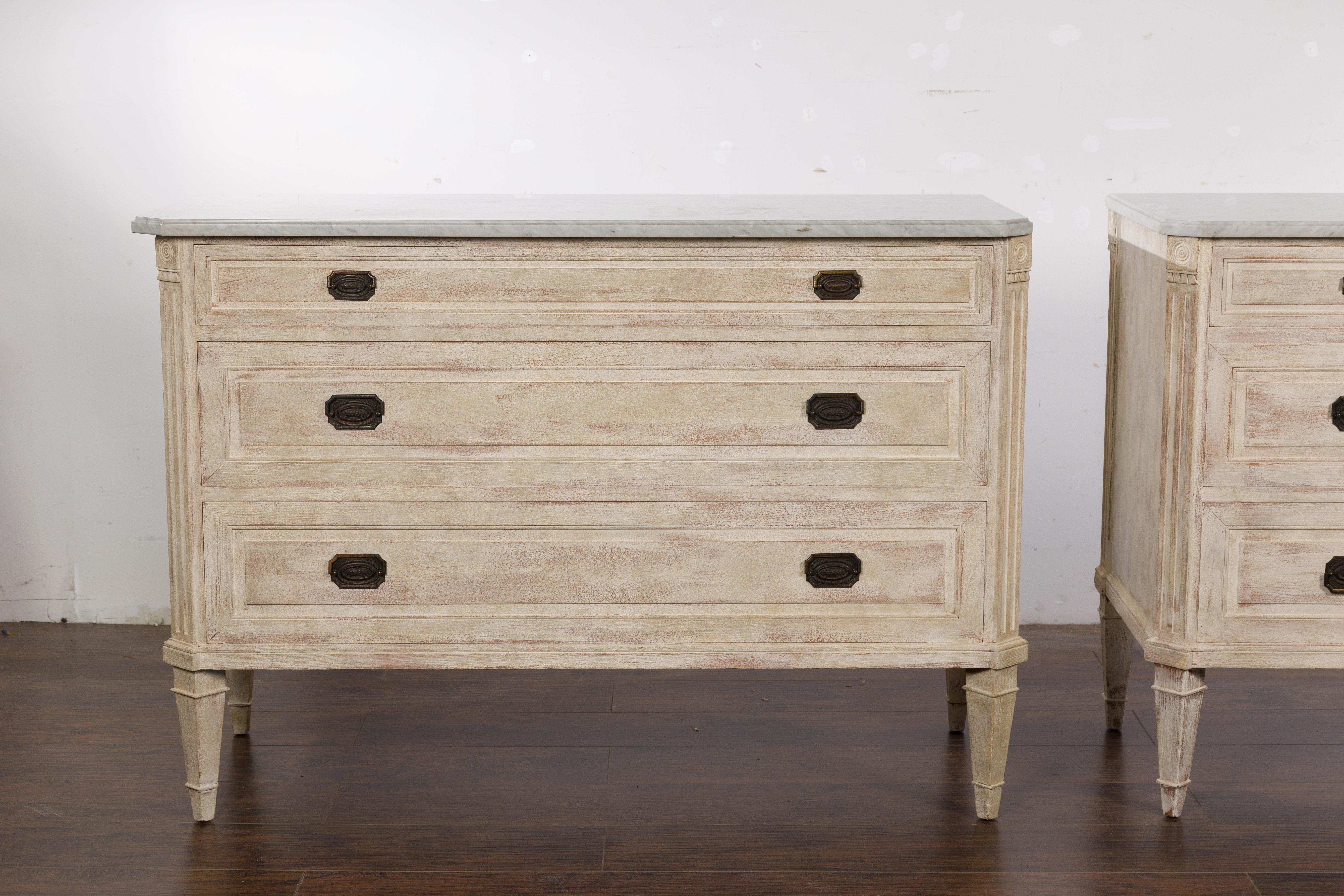 20th Century Pair of French Neoclassical Style 1930s Painted Chests with Marble Tops For Sale