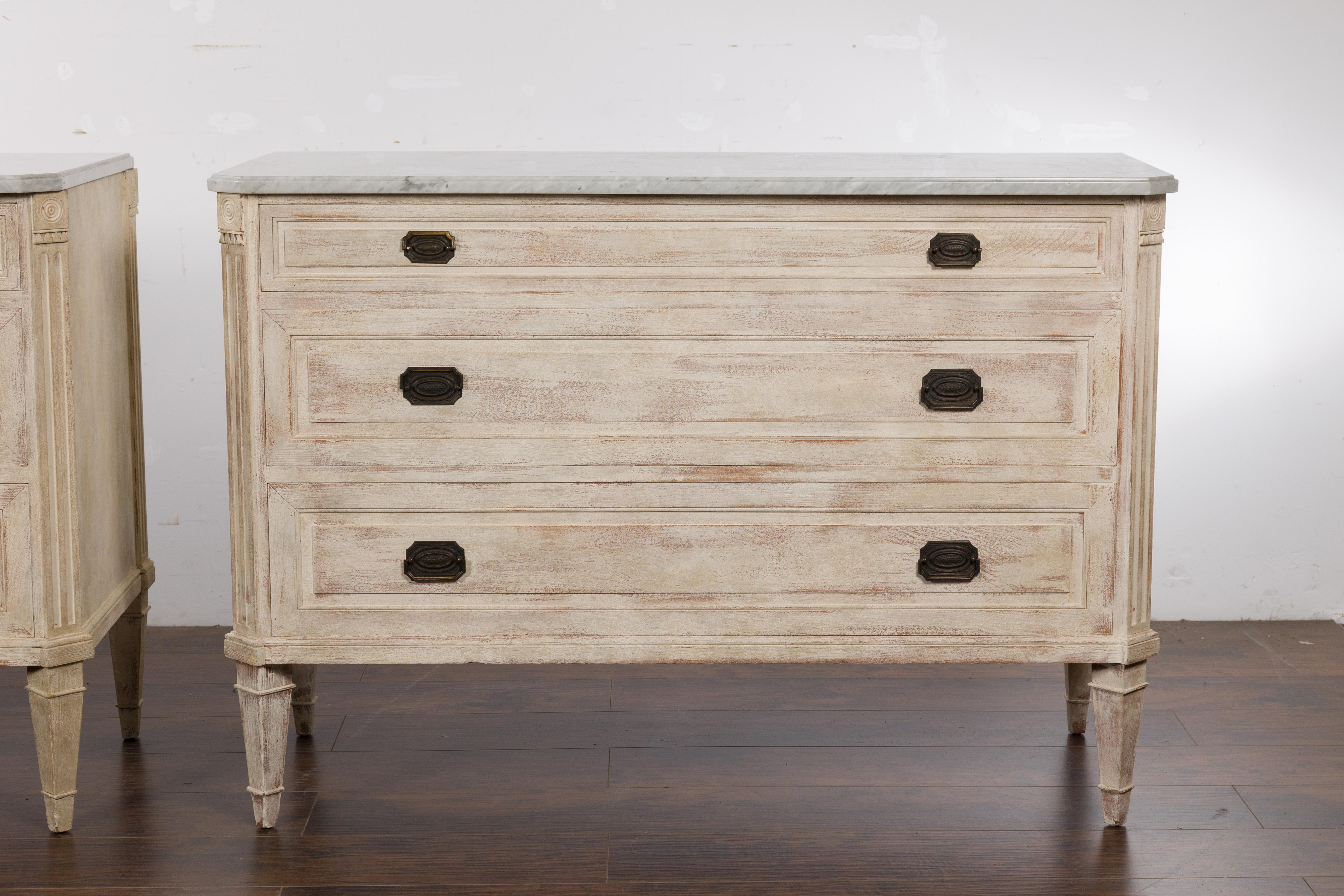 Pair of French Neoclassical Style 1930s Painted Chests with Marble Tops For Sale 1