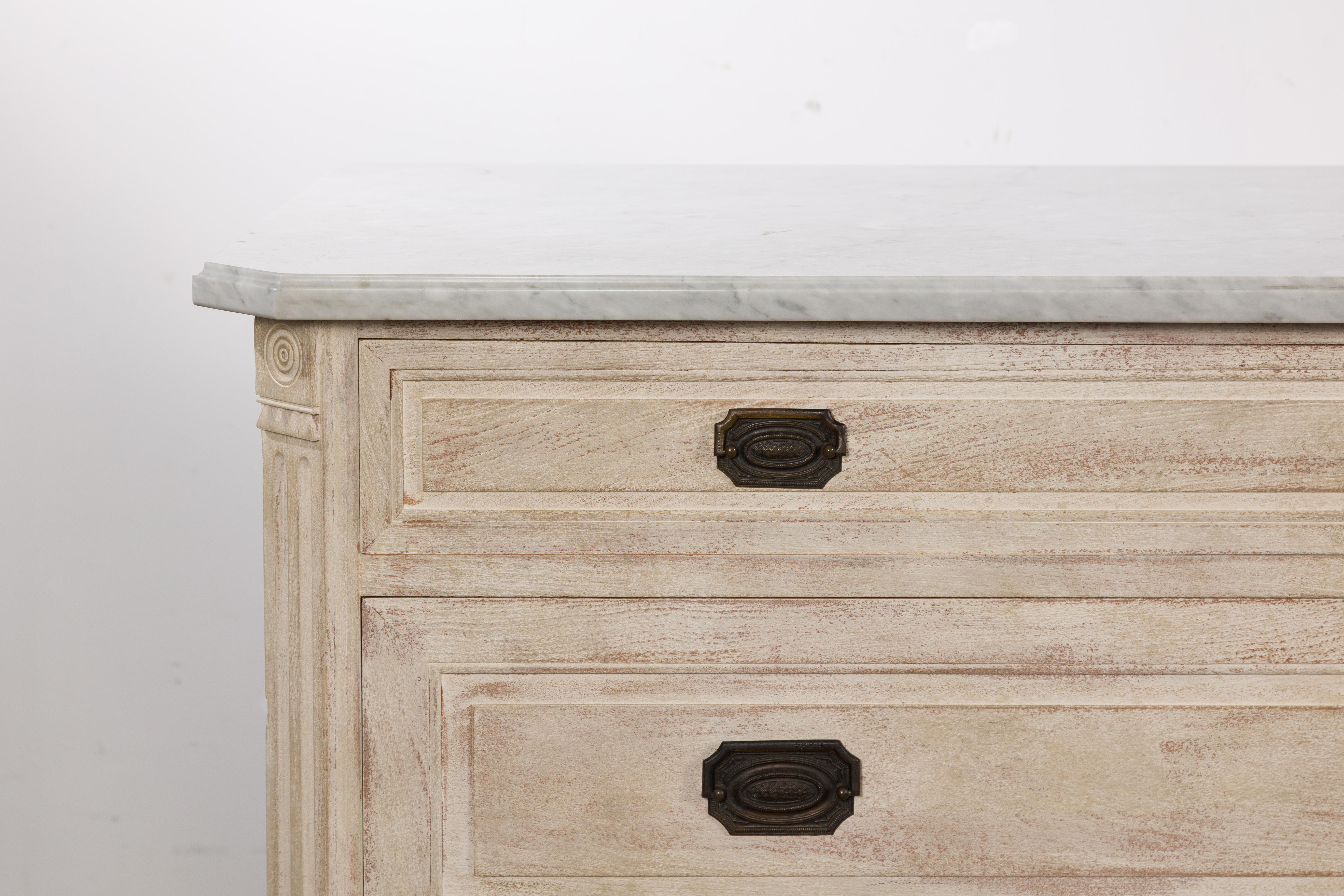 Pair of French Neoclassical Style 1930s Painted Chests with Marble Tops For Sale 2