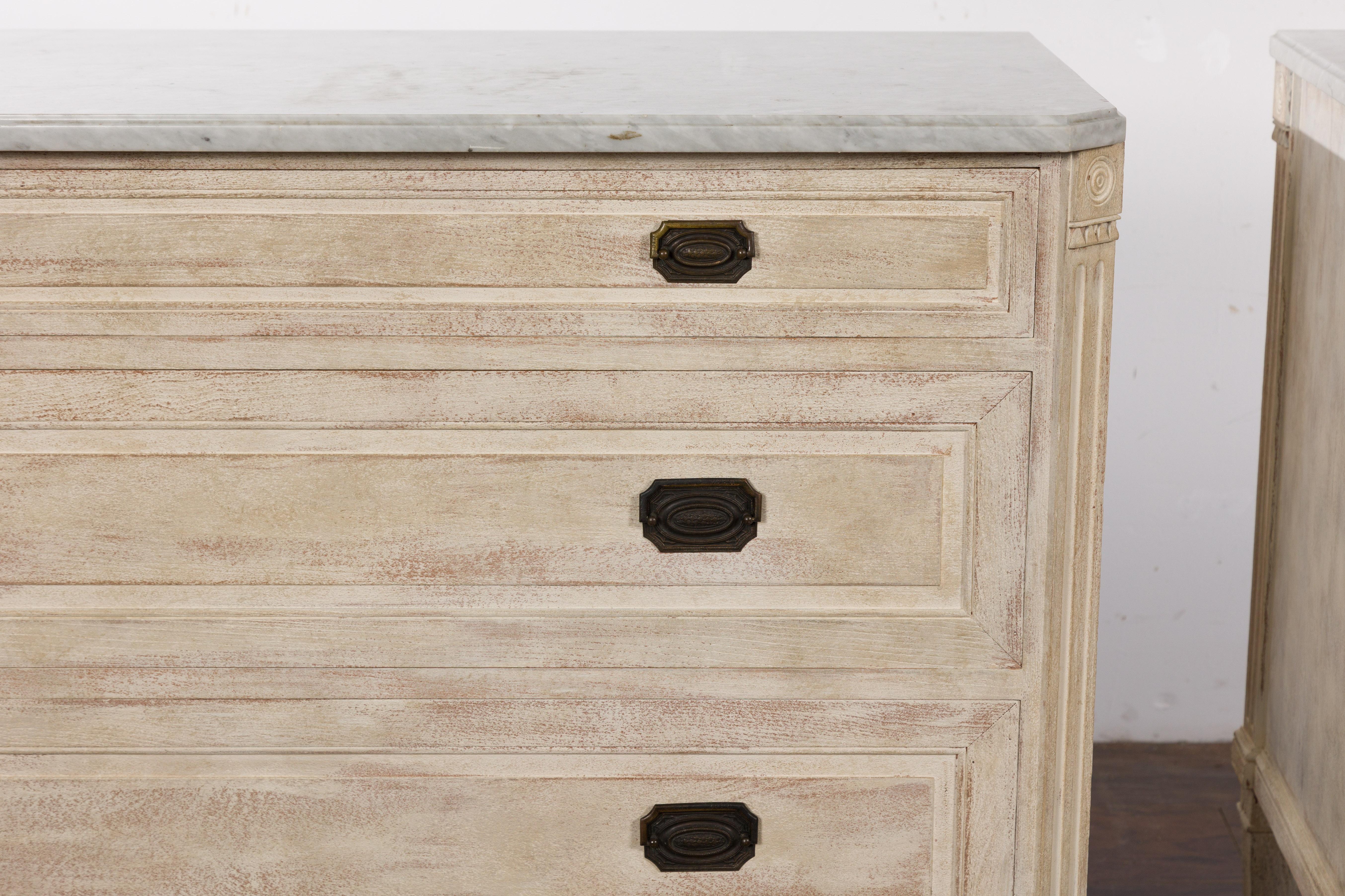 Pair of French Neoclassical Style 1930s Painted Chests with Marble Tops For Sale 4