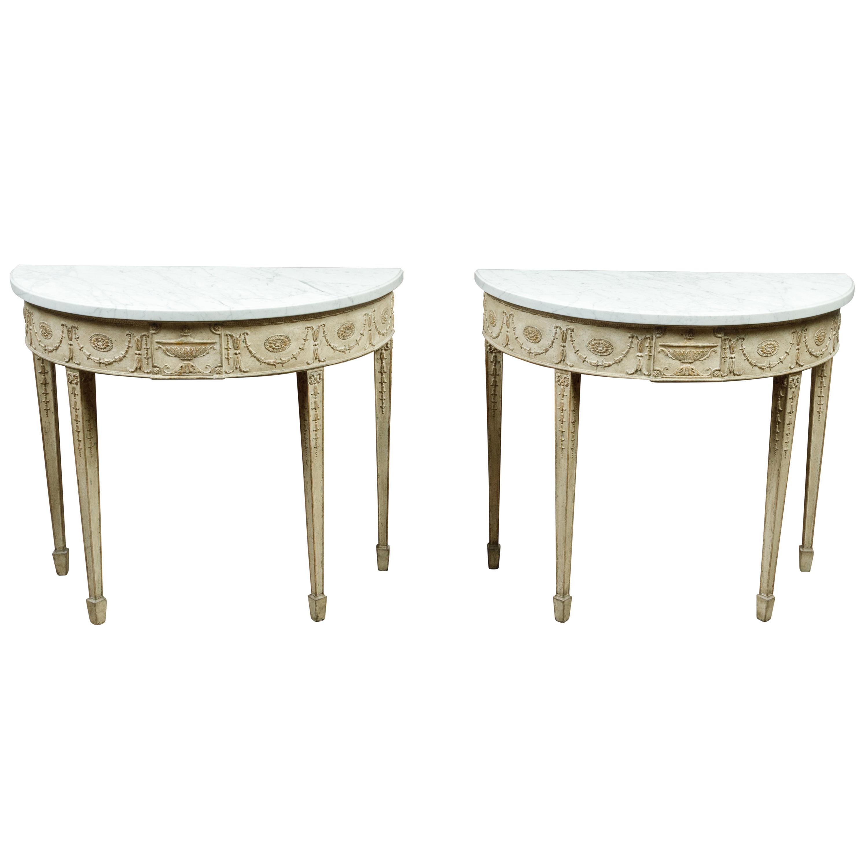 Pair of French Neoclassical Style Bleached Wood Demilunes with White Marble Tops