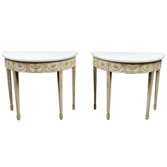 Pair of French Neoclassical Style Bleached Wood Demilunes with White Marble Tops