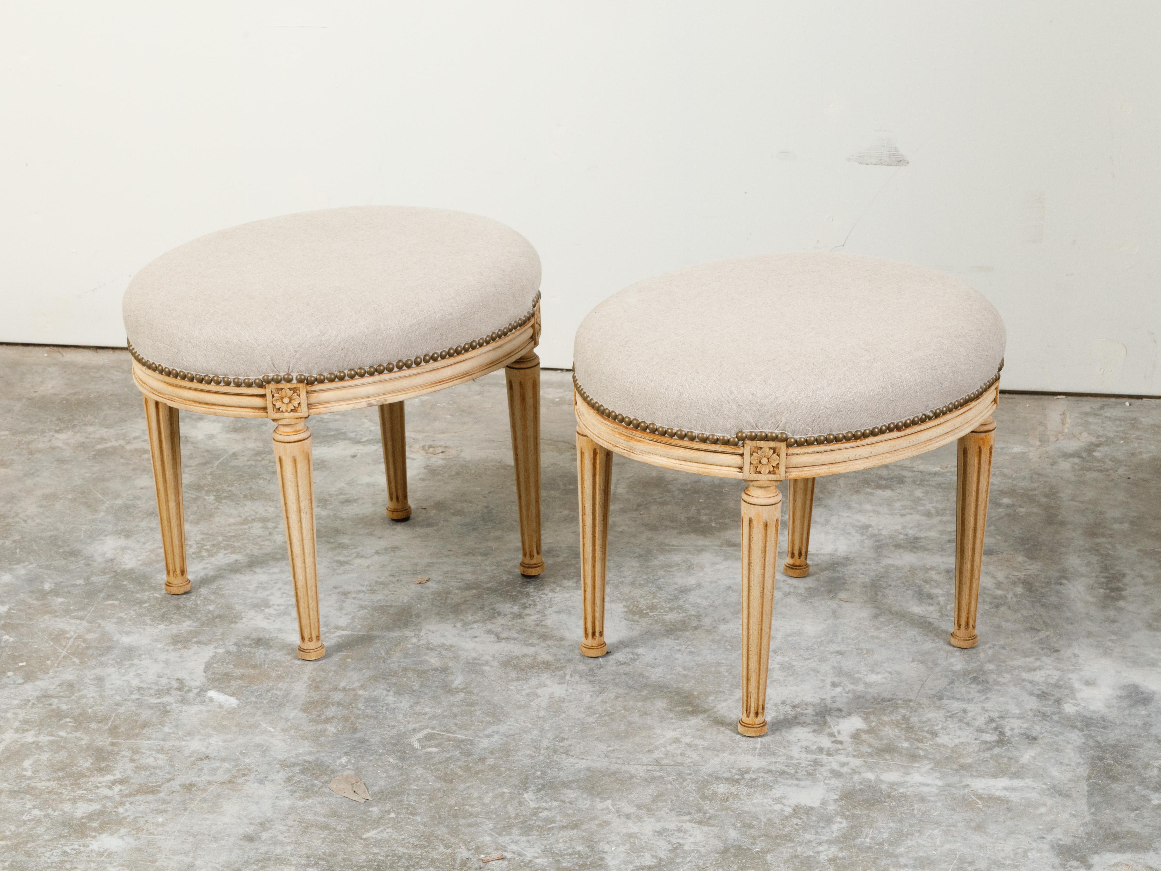 Turned Pair of French Neoclassical Style Bleached Wood Stools with New Upholstery For Sale
