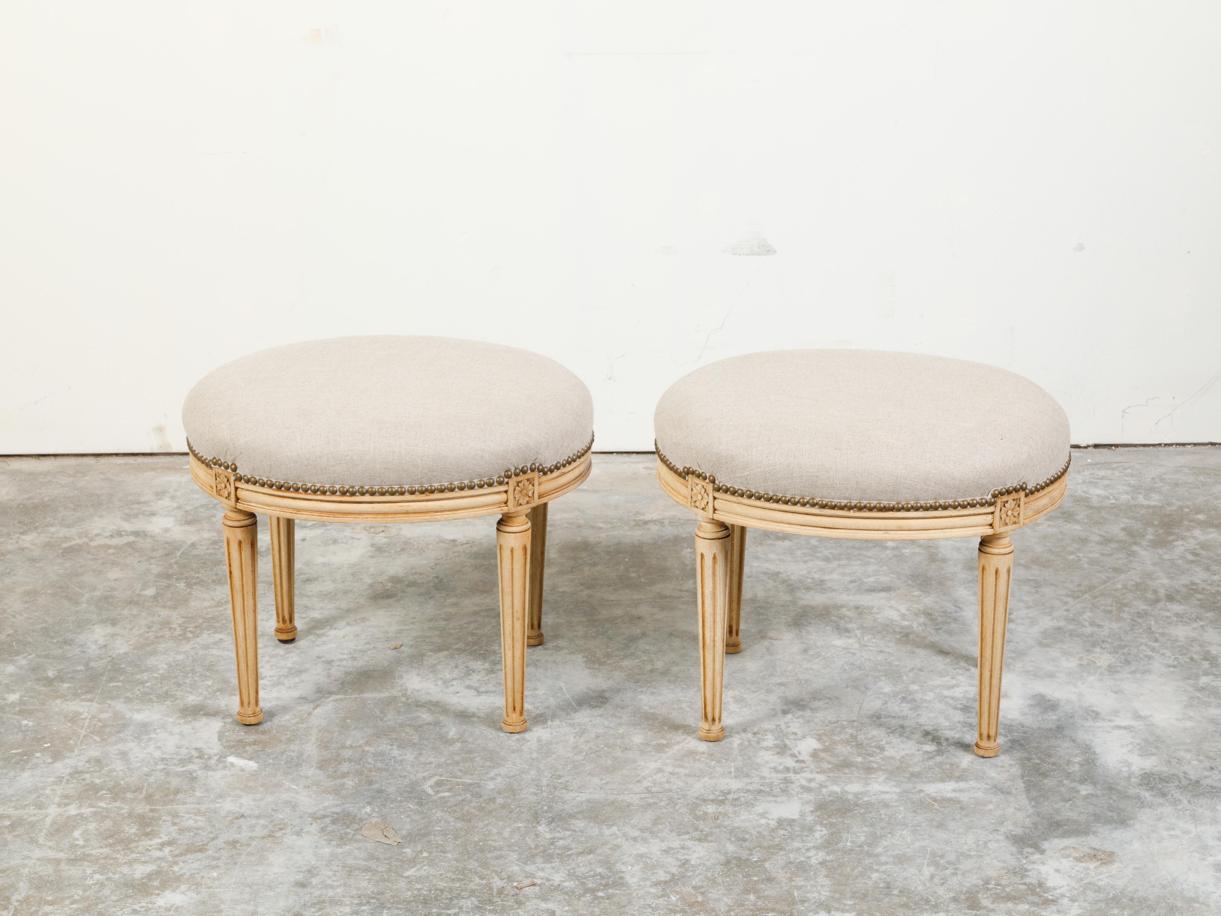 20th Century Pair of French Neoclassical Style Bleached Wood Stools with New Upholstery For Sale