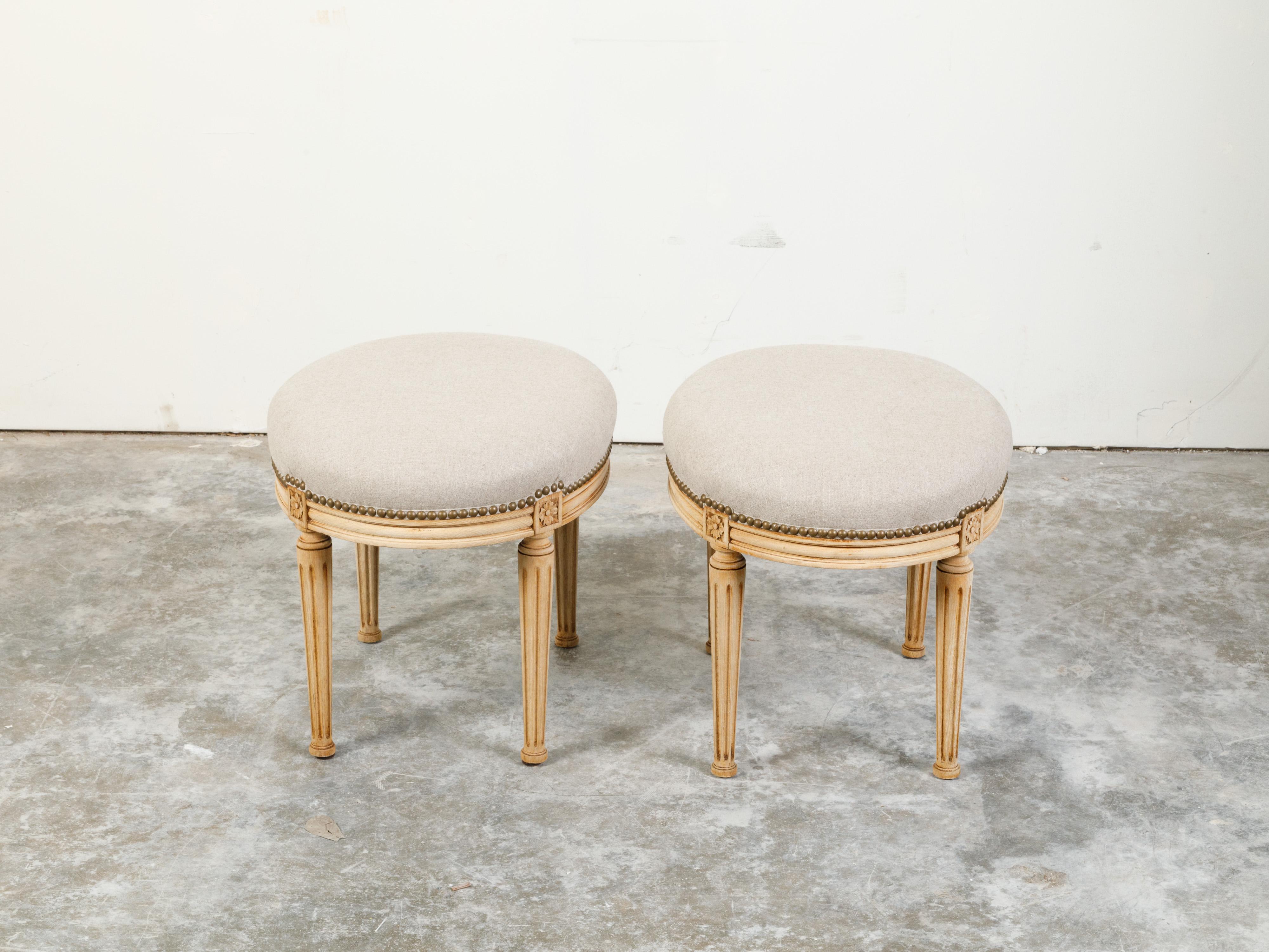 Pair of French Neoclassical Style Bleached Wood Stools with New Upholstery For Sale 1
