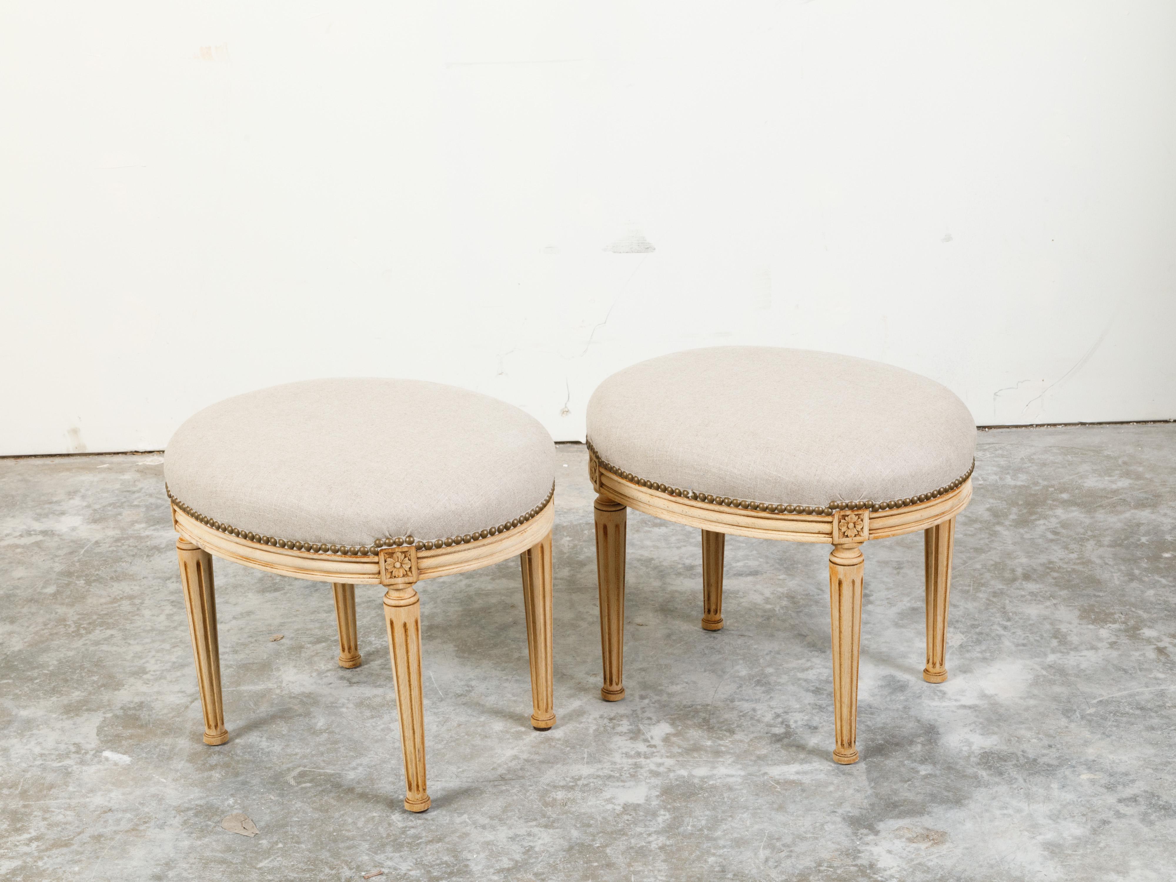 Pair of French Neoclassical Style Bleached Wood Stools with New Upholstery For Sale 2
