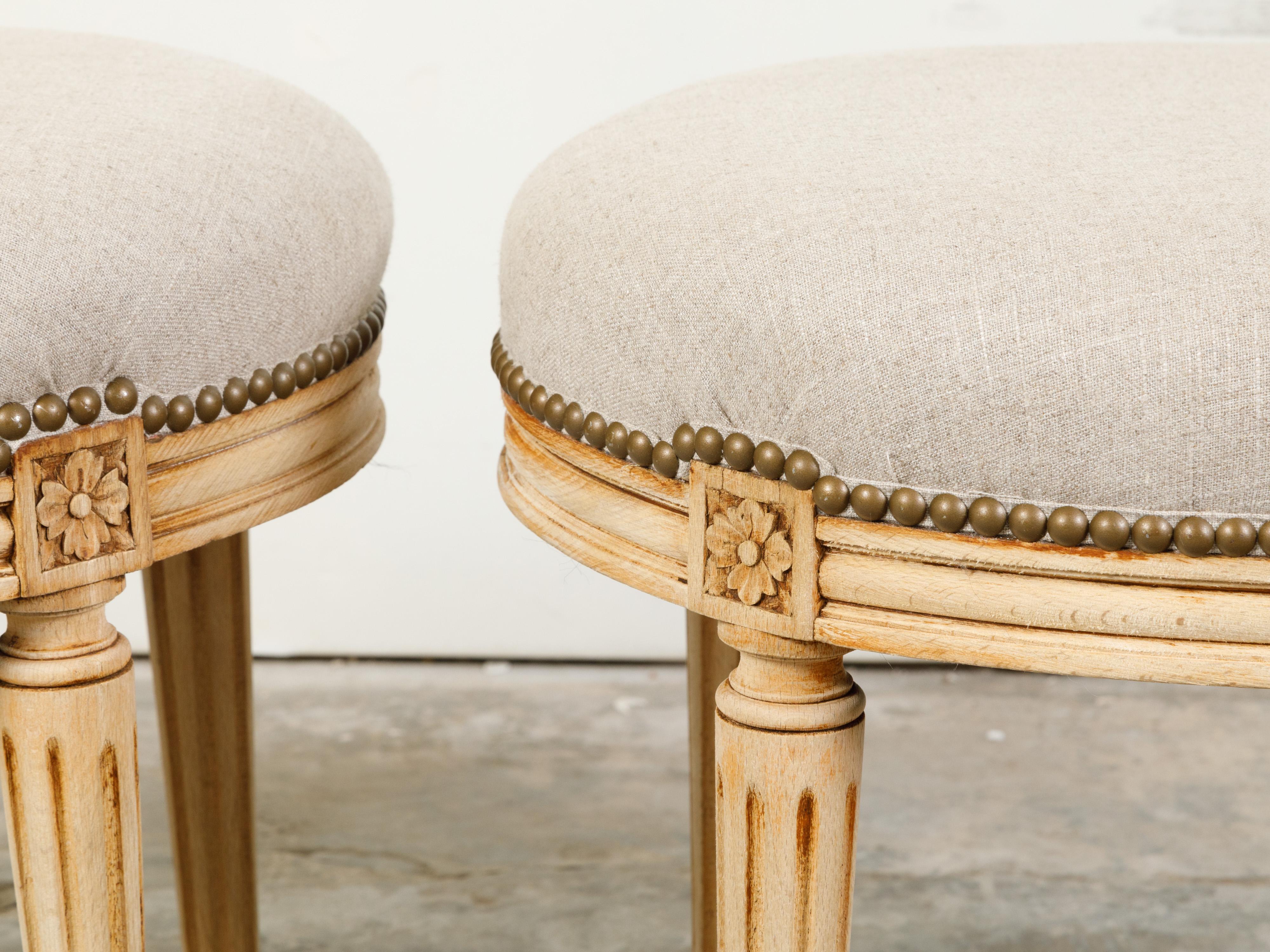 Pair of French Neoclassical Style Bleached Wood Stools with New Upholstery For Sale 3