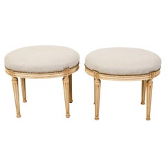 Antique Pair of French Neoclassical Style Bleached Wood Stools with New Upholstery