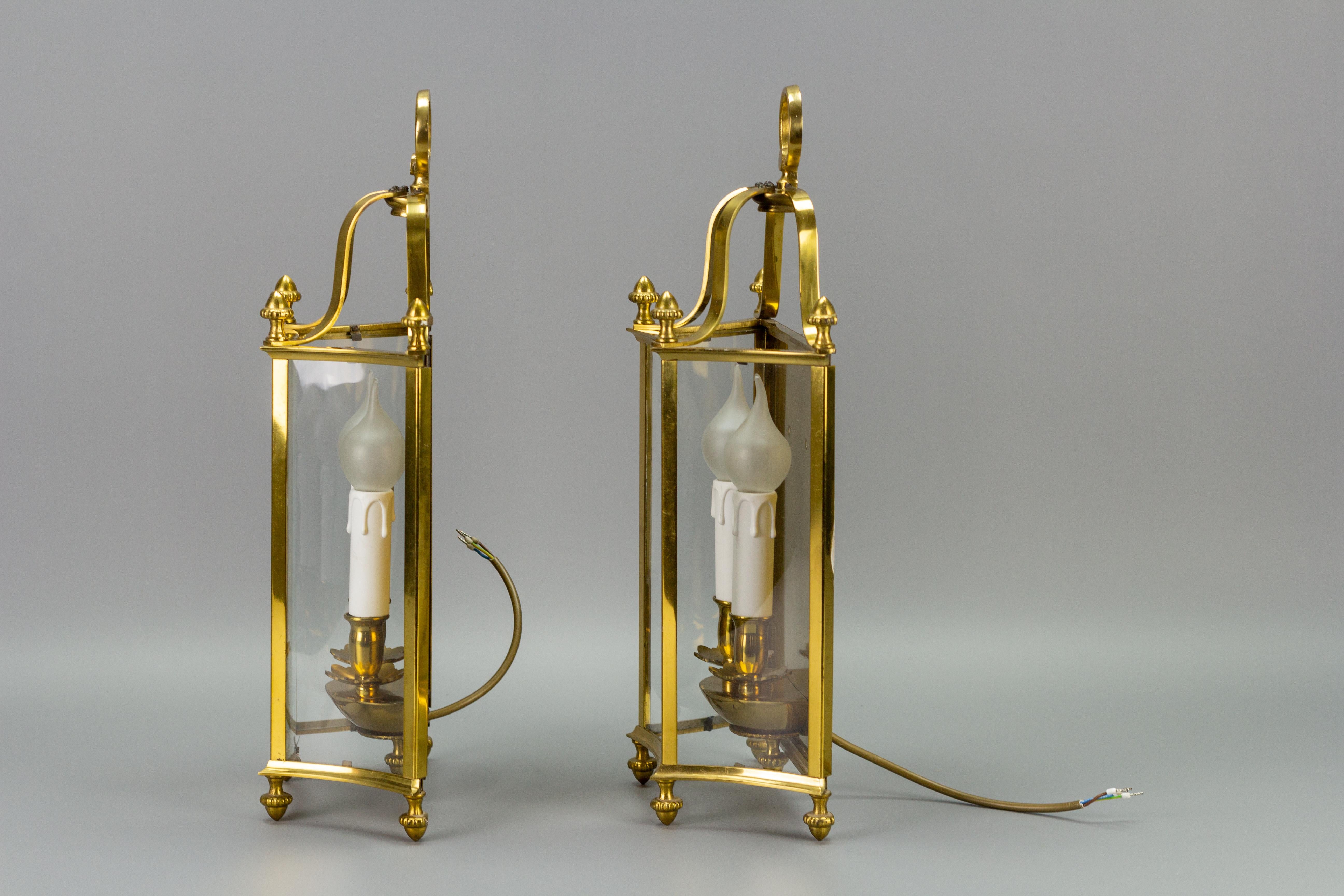 Pair of French Neoclassical Style Brass and Glass Two-Light Wall Lanterns For Sale 7
