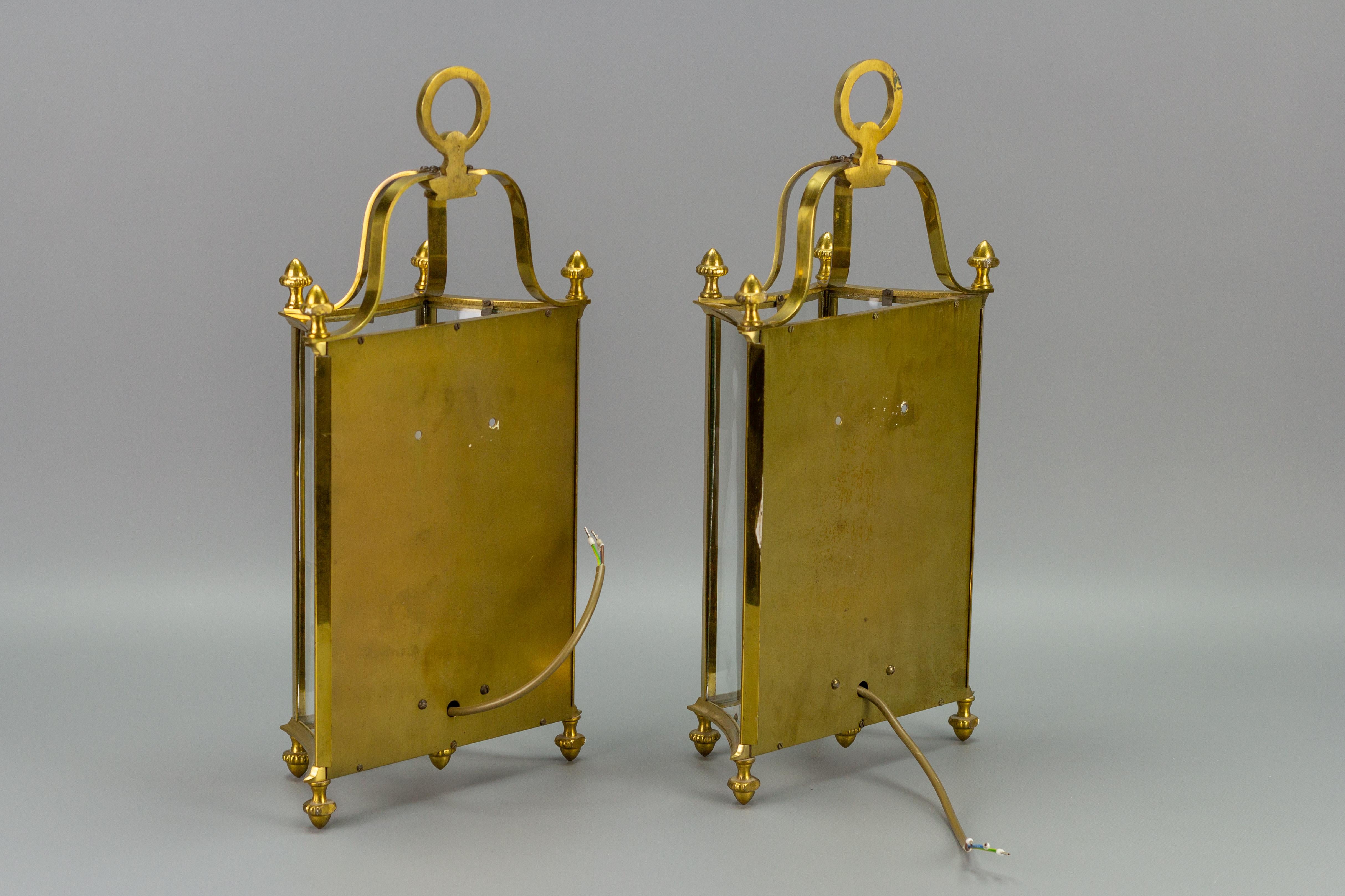 Pair of French Neoclassical Style Brass and Glass Two-Light Wall Lanterns For Sale 8