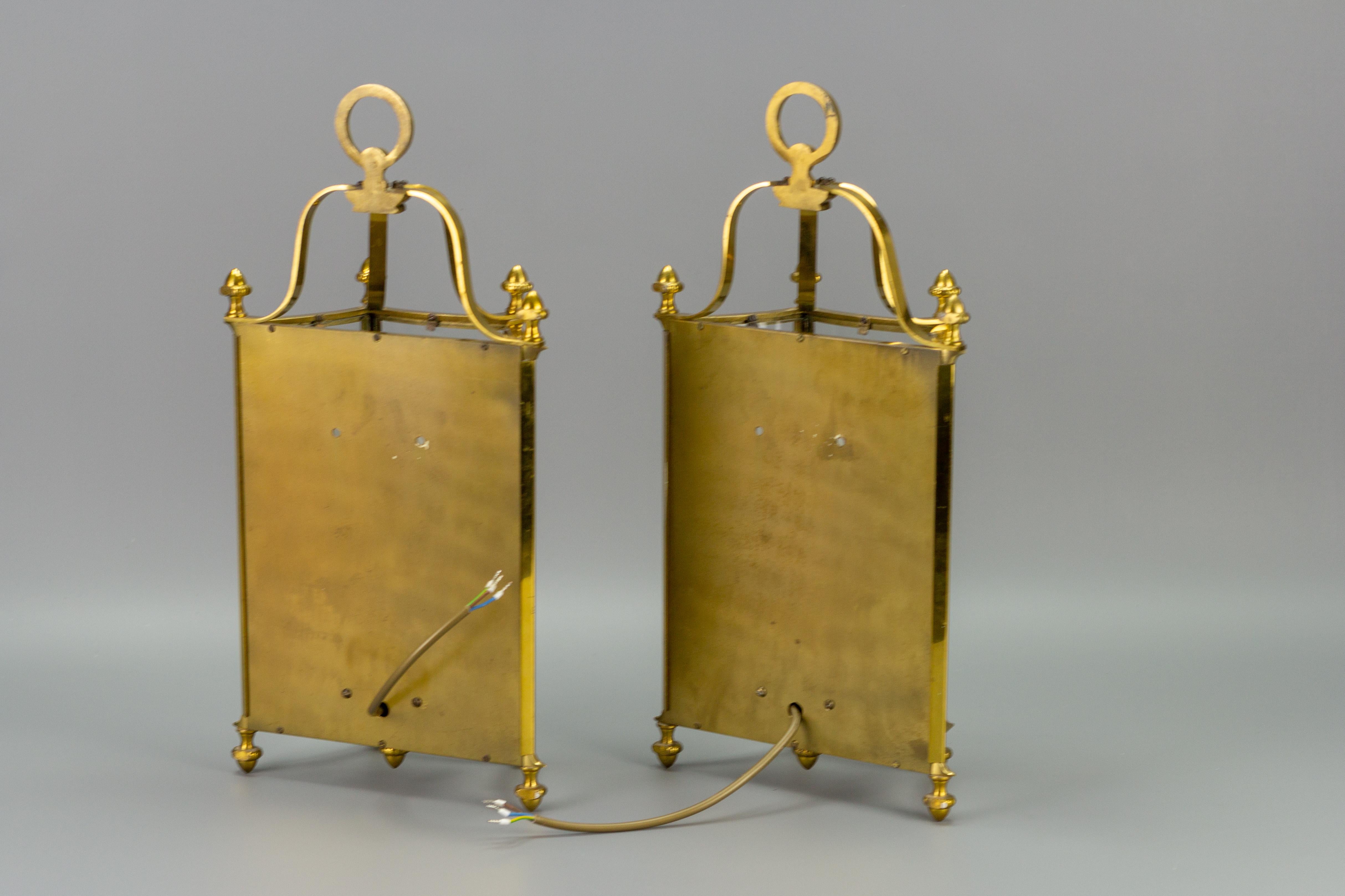 Pair of French Neoclassical Style Brass and Glass Two-Light Wall Lanterns For Sale 9