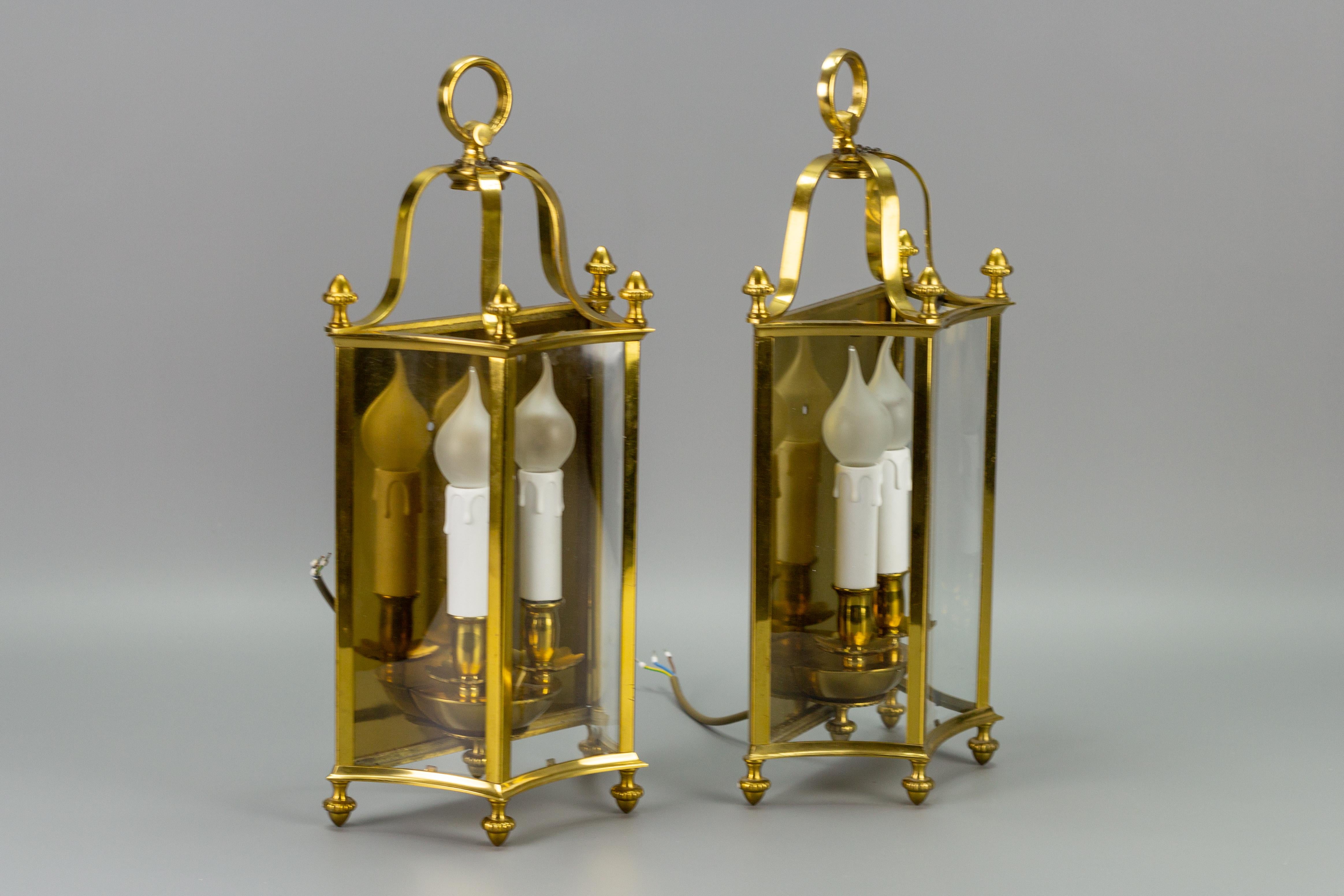 Pair of French Neoclassical Style Brass and Glass Two-Light Wall Lanterns For Sale 11