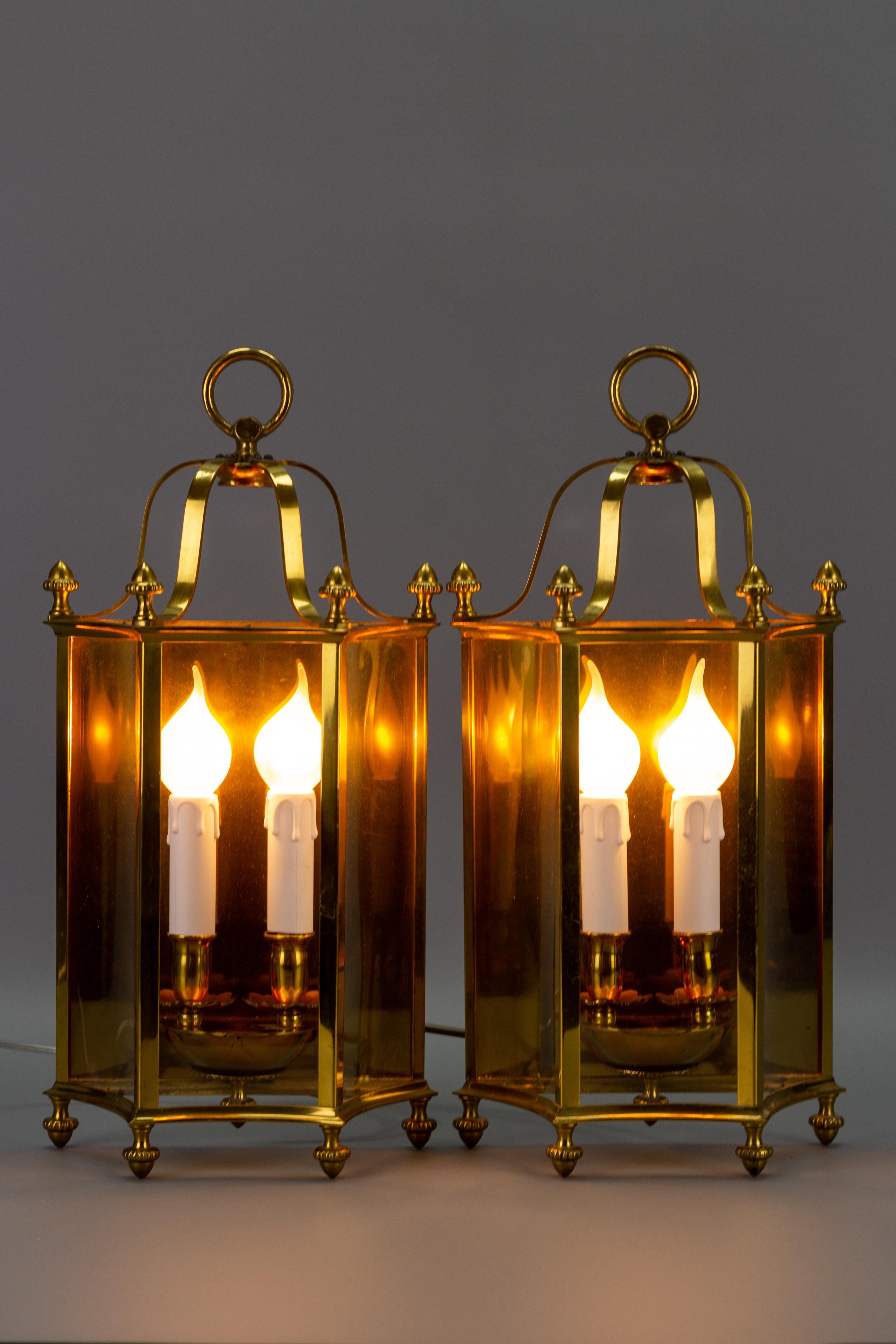 Pair of French Neoclassical Style Brass and Glass Two-Light Wall Lanterns For Sale 12