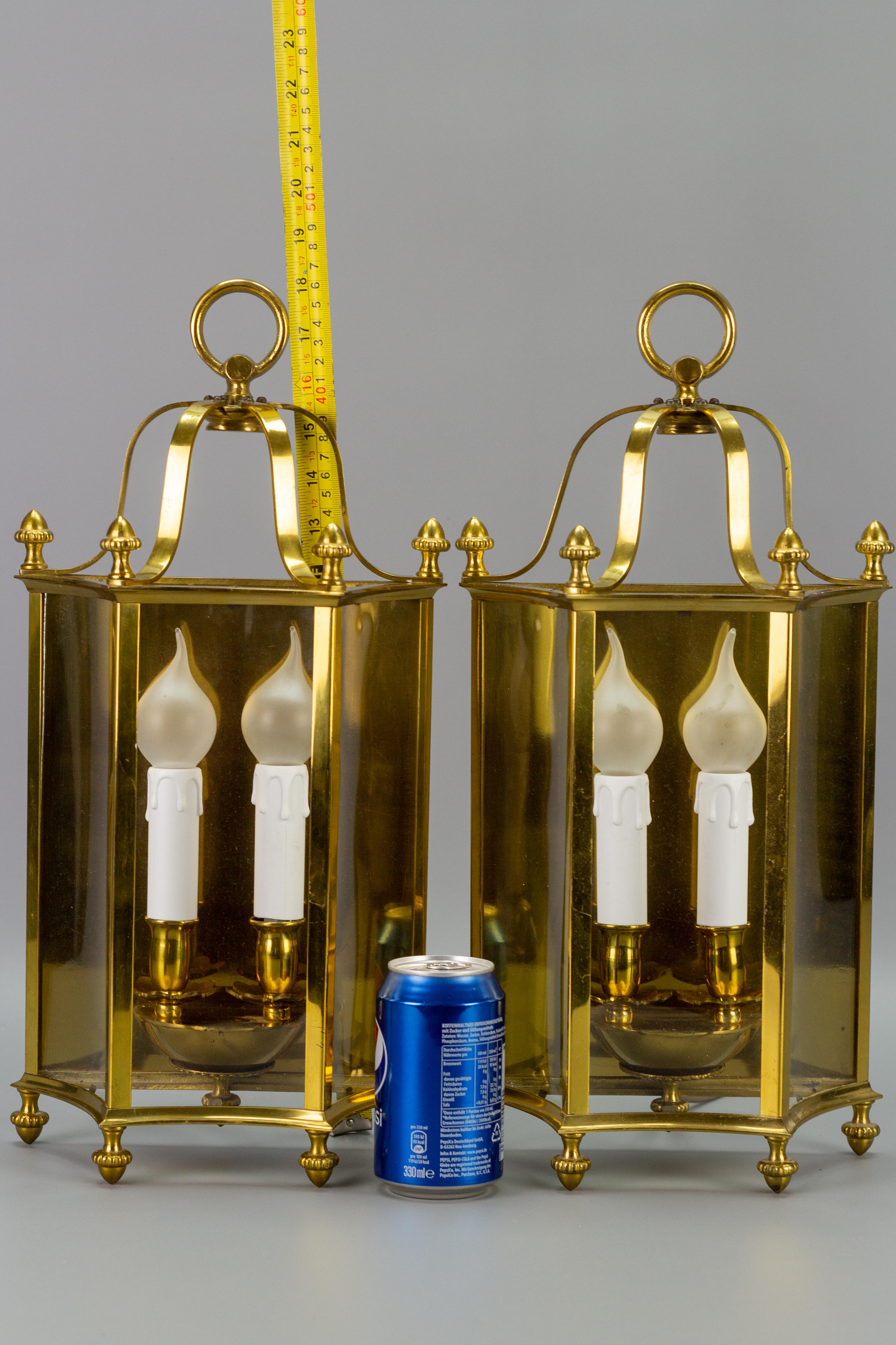 Pair of French Neoclassical Style Brass and Glass Two-Light Wall Lanterns For Sale 13