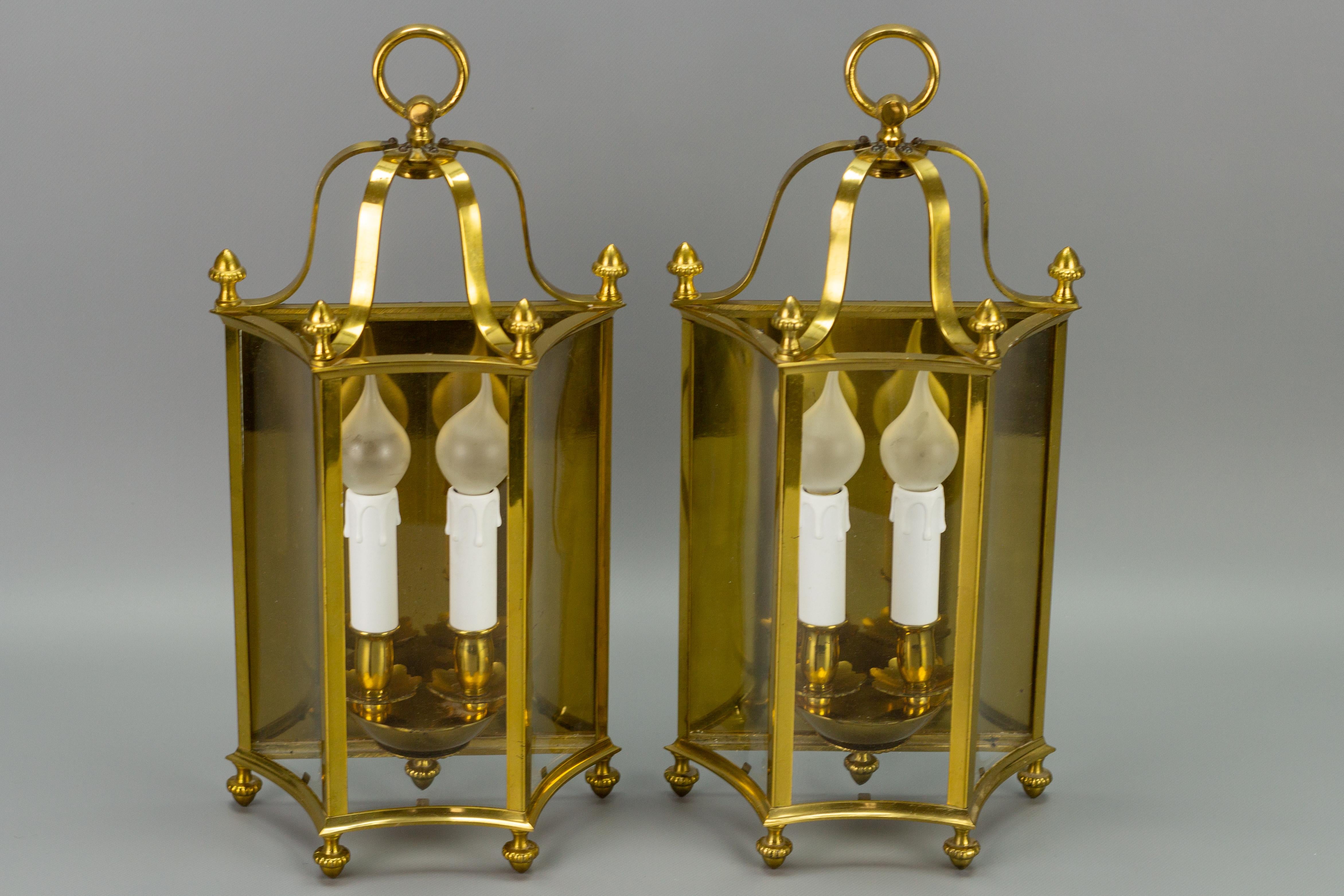 Pair of French Neoclassical Style Brass and Glass Two-Light Wall Lanterns For Sale 16