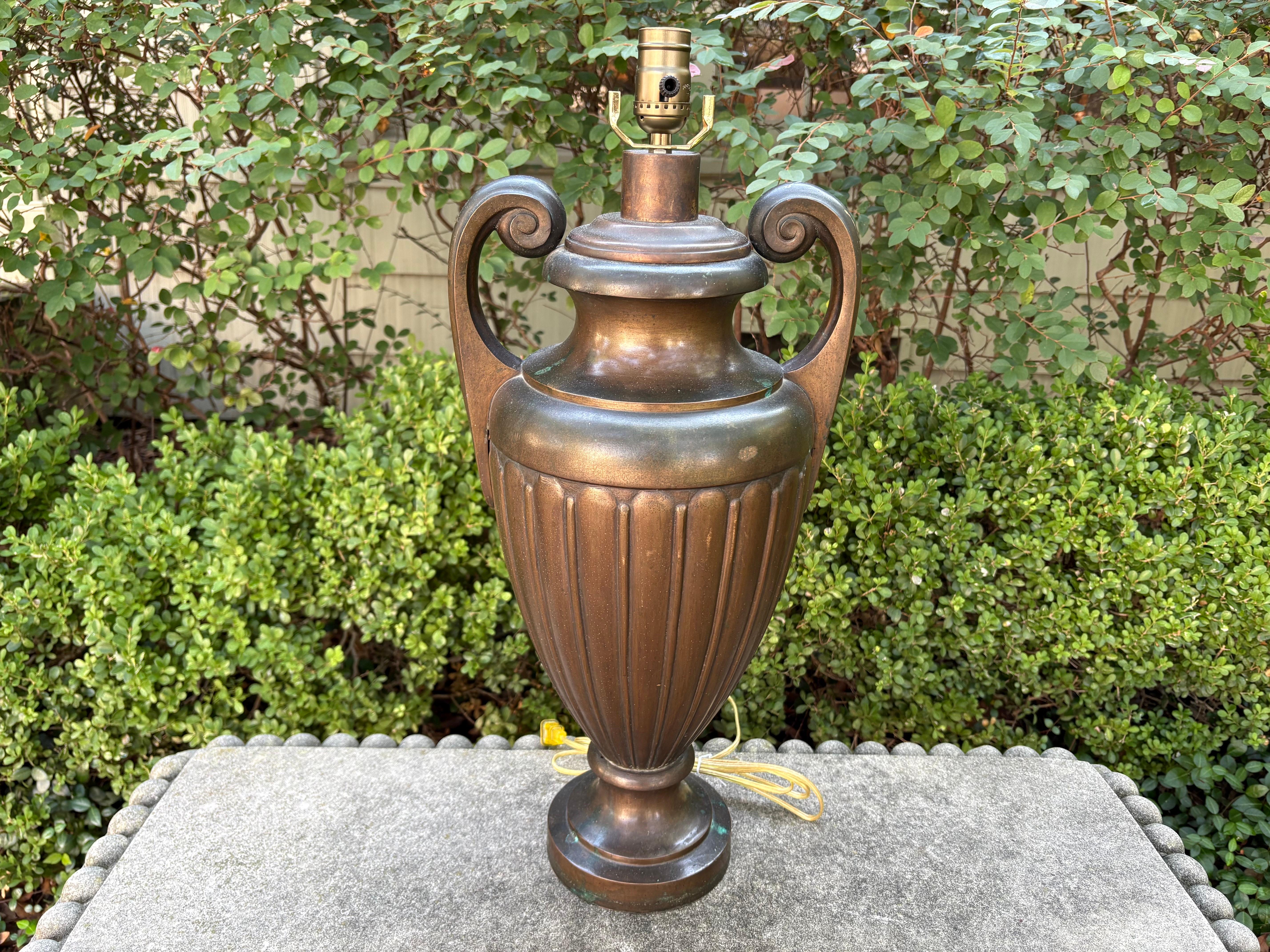 Pair Of French Neoclassical Style Bronze Lamps.
Offered is a lovely matching pair of French Louis XVI or Neoclassical style bronze table lamps. This versatile pair of heavy weight French bronze lamps can be used in many different interiors and have