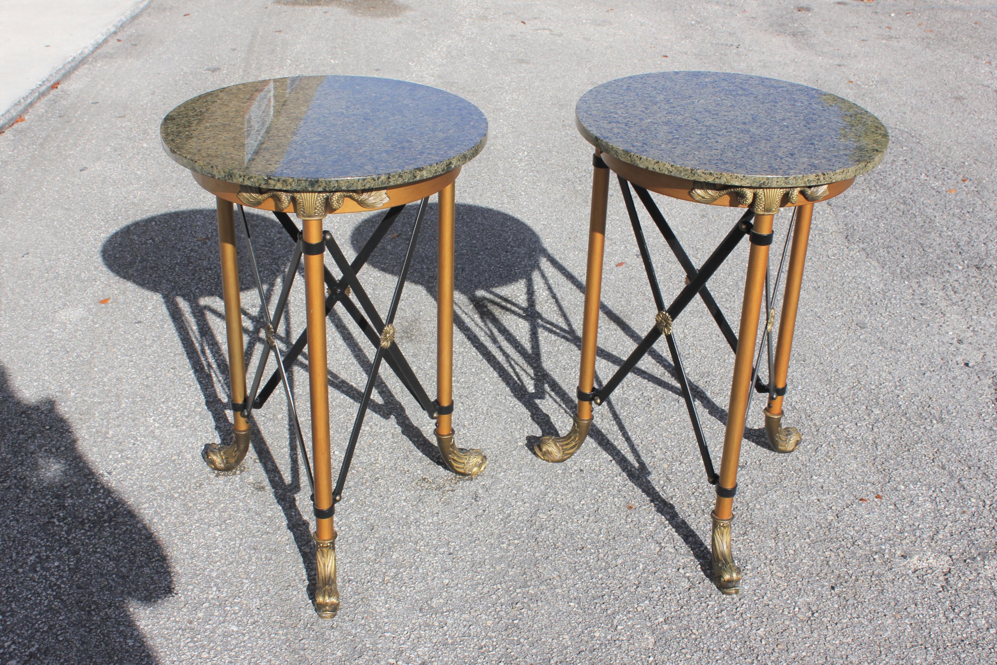 Fine pair of French neoclassical style bronze side table or accent table marble top circa 1920s Very nice bronze fish detail with 3 fish cape leg, the two bronze table and the two marble top green color are In perfect condition. We traveled to buy