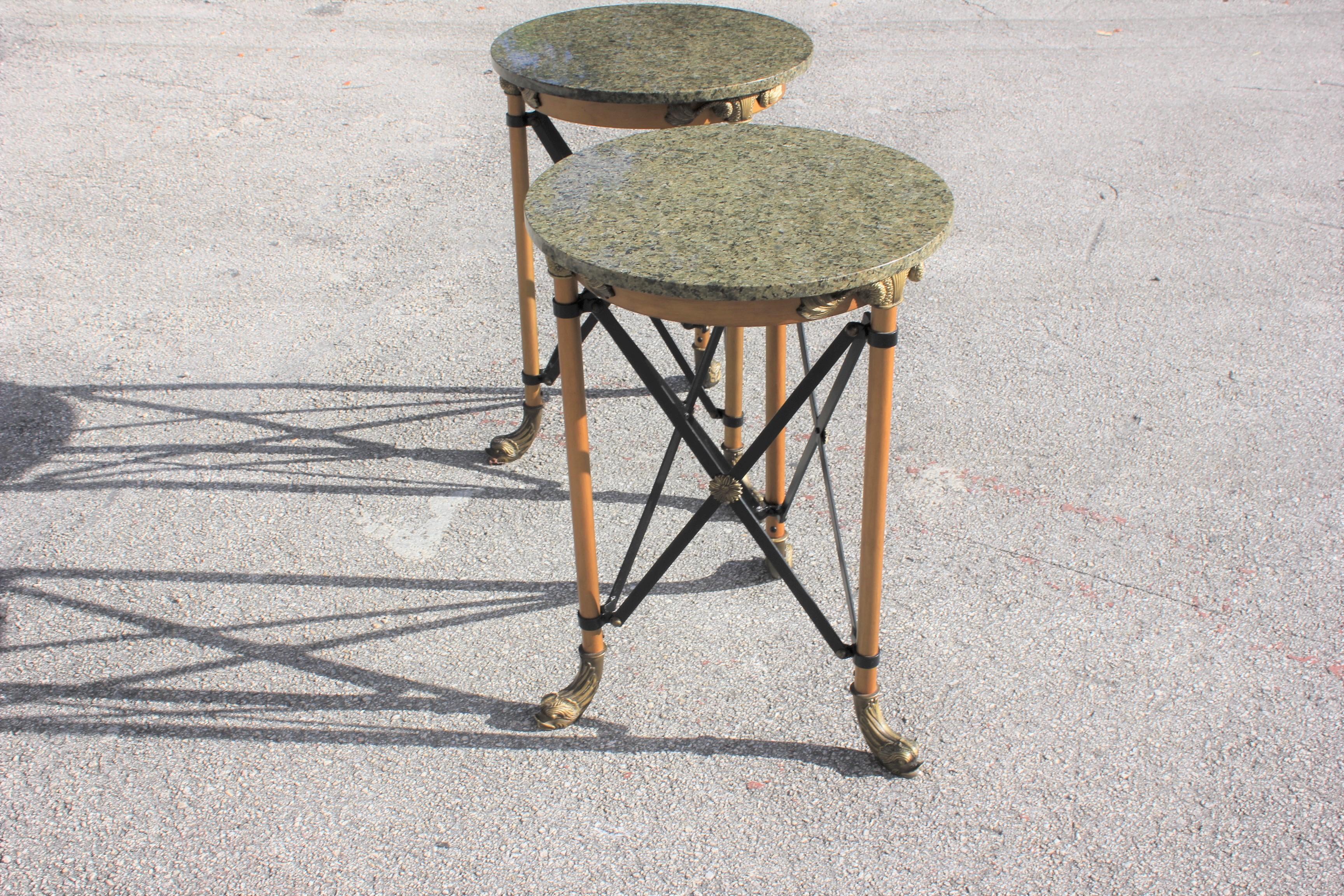 Brass Pair of French Neoclassical Style Bronze Side Table or Accent Table Marble Top