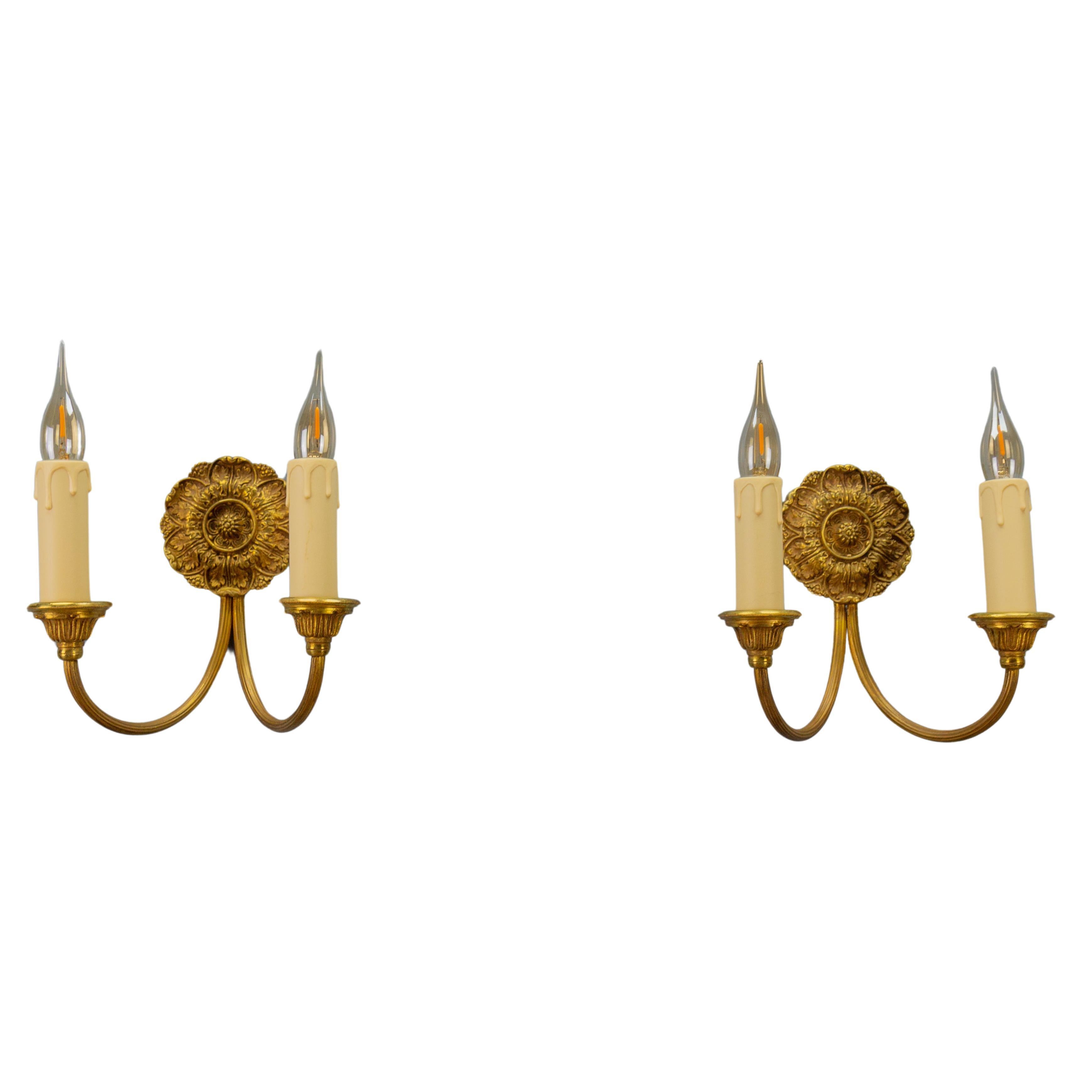 Pair of French Neoclassical Style Bronze Twin Arm Sconces, ca 1920 For Sale