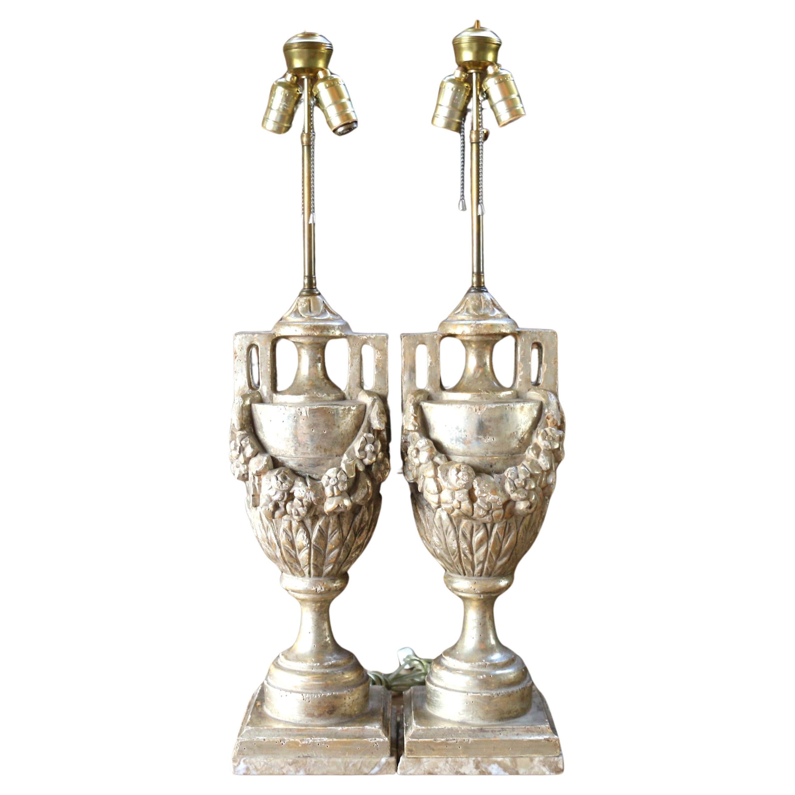Pair of French Neoclassical Style Carved Silver Giltwood Urn Table Lamps