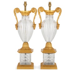 Pair of French Neoclassical Style Gilt Bronze and Cut Glass Lamps