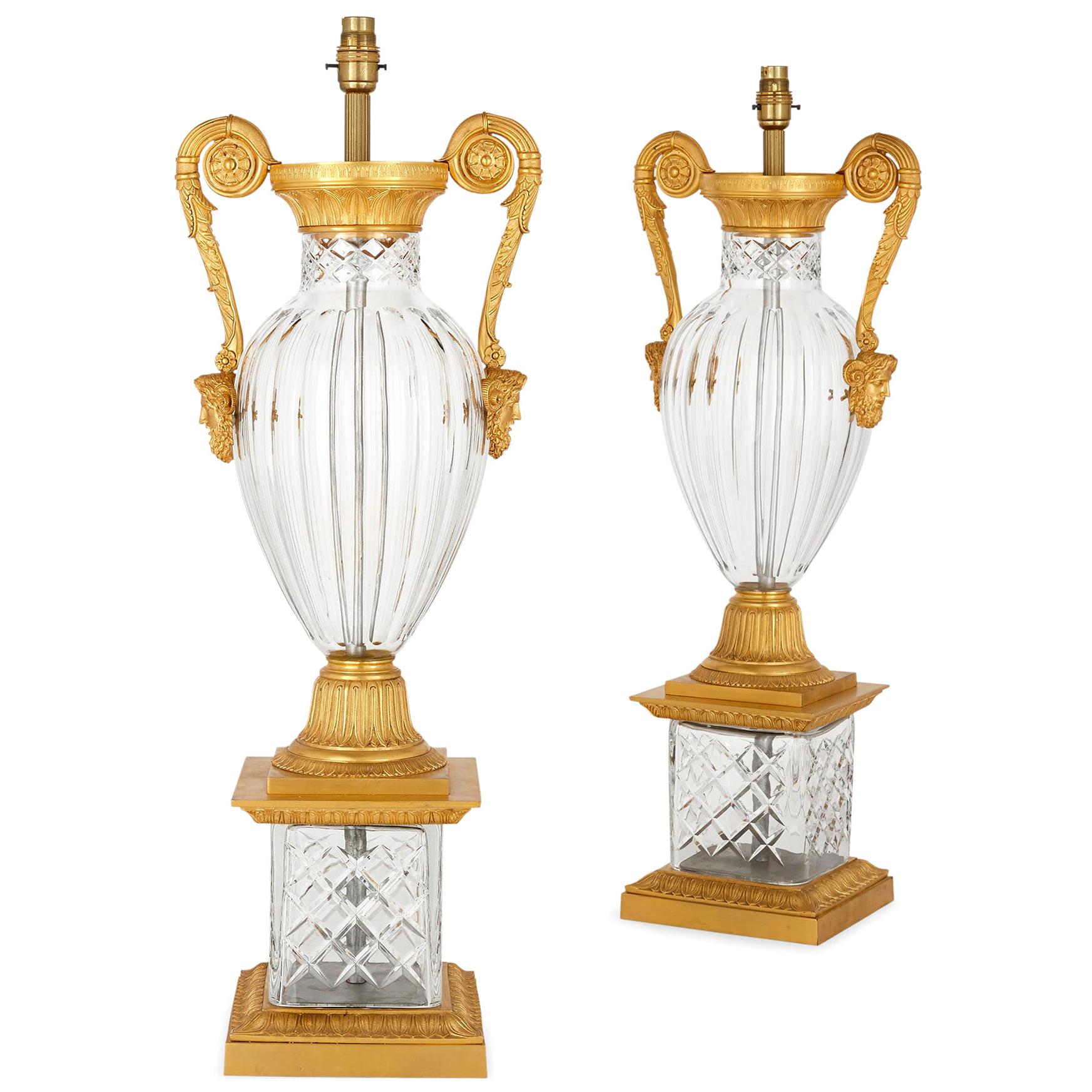 Pair of French Neoclassical Style Gilt Bronze and Cut Glass Lamps For Sale