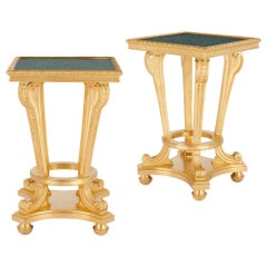 Pair of French Neoclassical Style Gilt Bronze and Malachite Stands