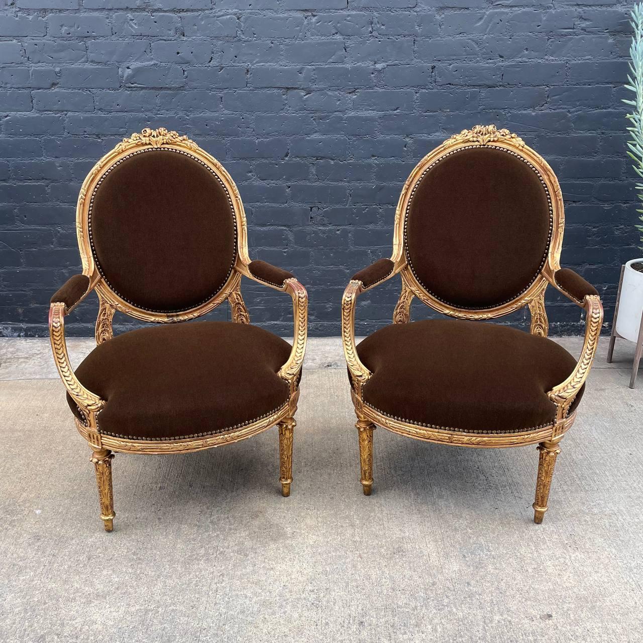 Pair of French Neoclassical-Style Giltwood Armchairs 

Country: France
Materials: Carved Gold-Leaf Wood, New Alpaca Mohair 
Condition: Newly Reupholstered, New Alpaca Mohair 
Style: French Neoclassical 
Year: 1920’s

$7,895 pair

Dimensions: 
44”H x