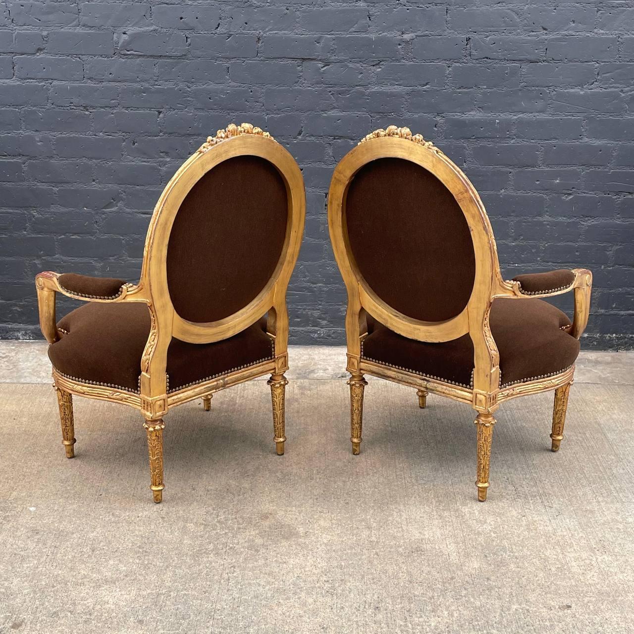 Alpaca Pair of French Neoclassical-Style Giltwood Armchairs For Sale