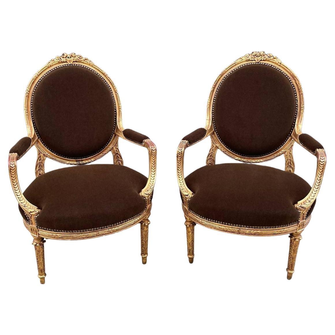Pair of French Neoclassical-Style Giltwood Armchairs For Sale