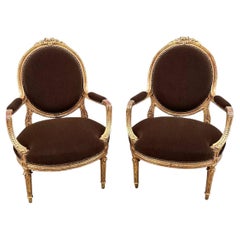 Antique Pair of French Neoclassical-Style Giltwood Armchairs
