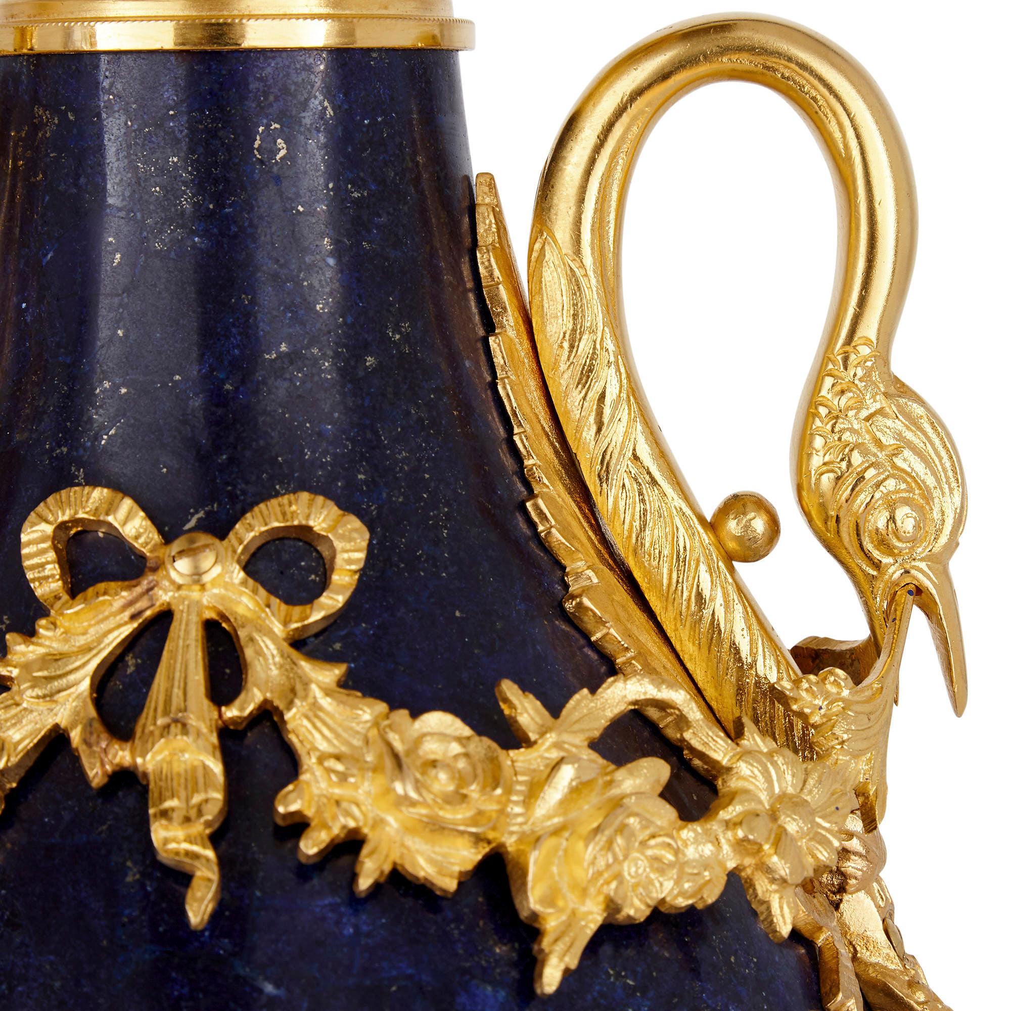 Pair of French Neoclassical Style Lapis and Gilt Bronze Vases In Good Condition For Sale In London, GB