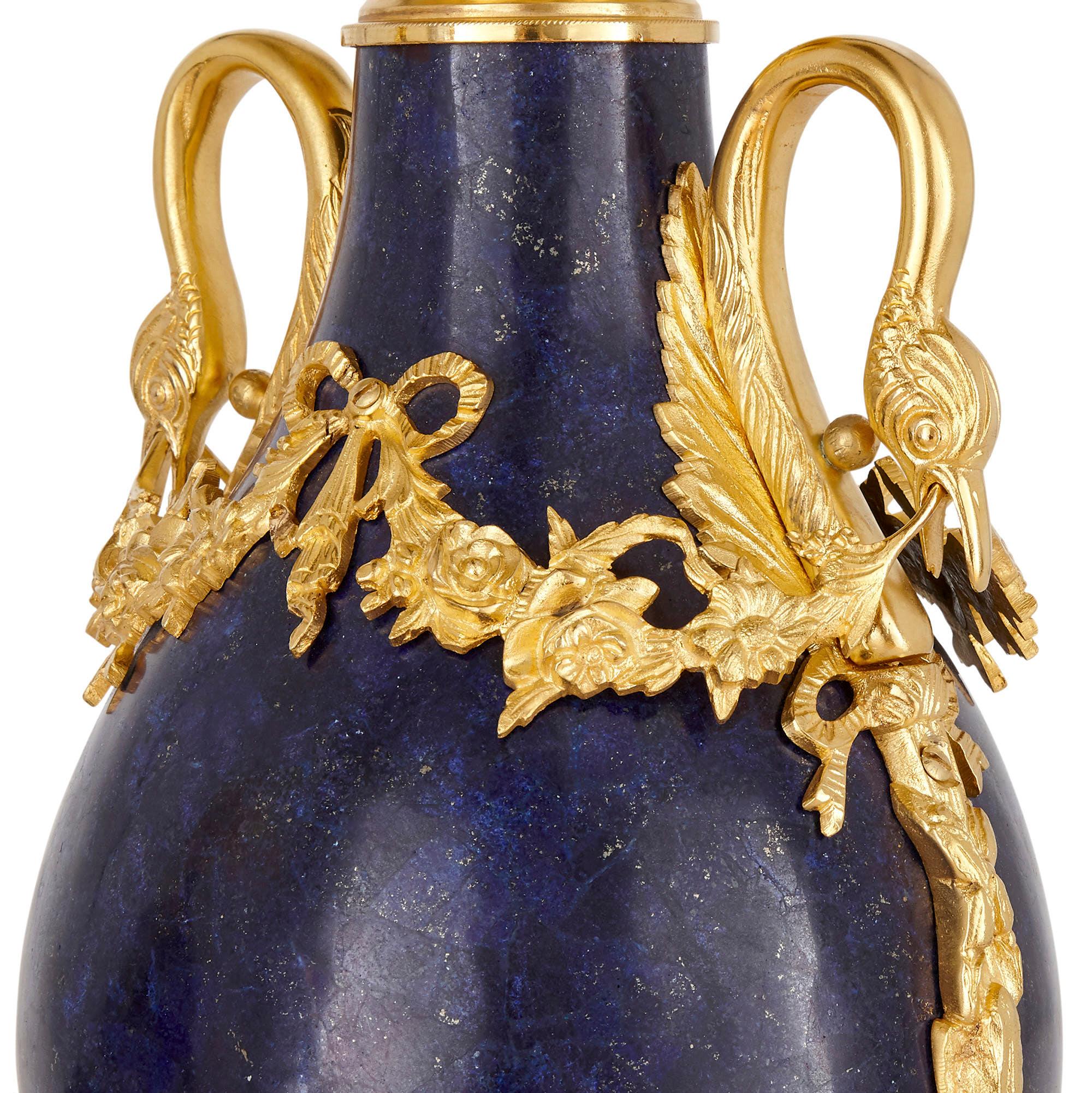 19th Century Pair of French Neoclassical Style Lapis and Gilt Bronze Vases For Sale