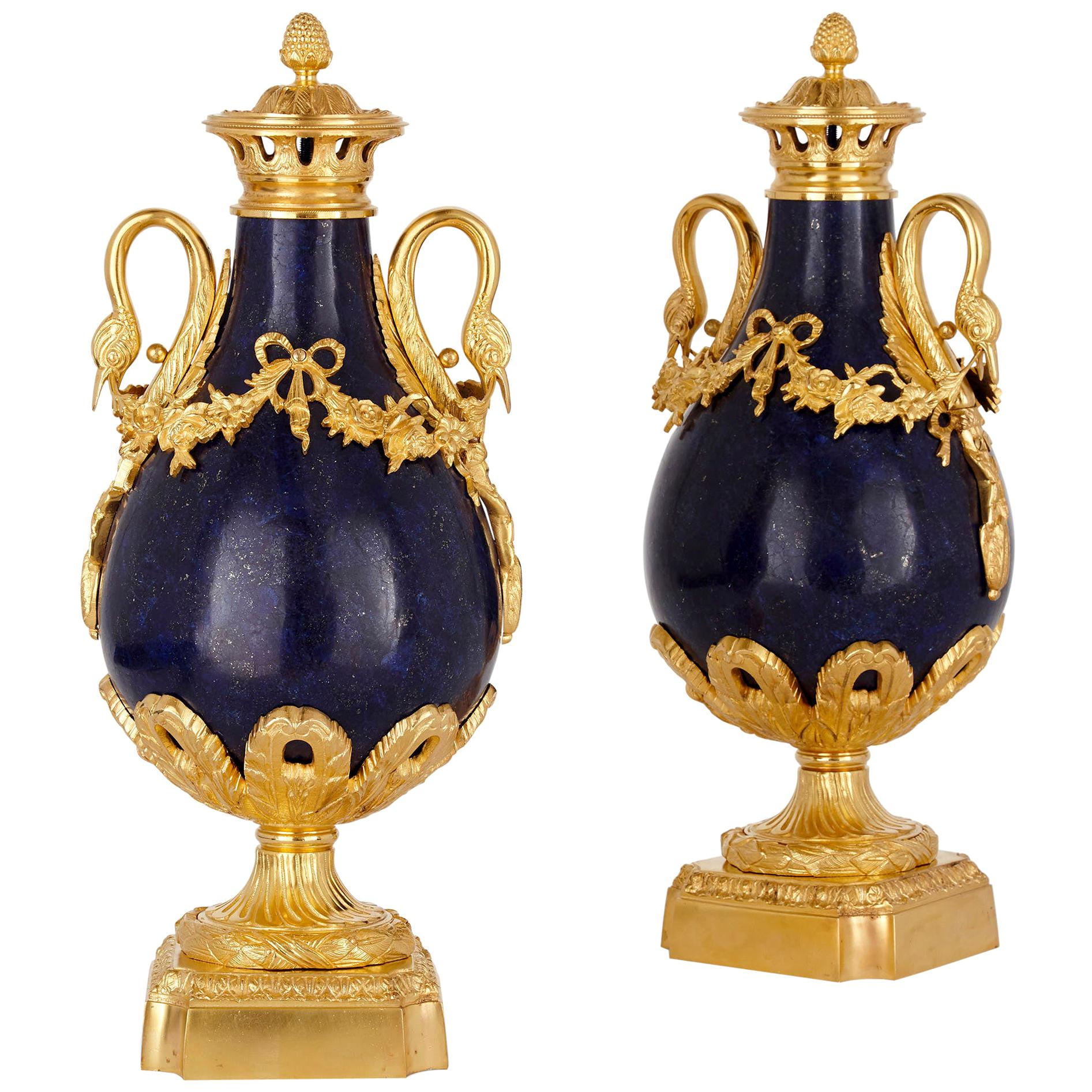 Pair of French Neoclassical Style Lapis and Gilt Bronze Vases For Sale