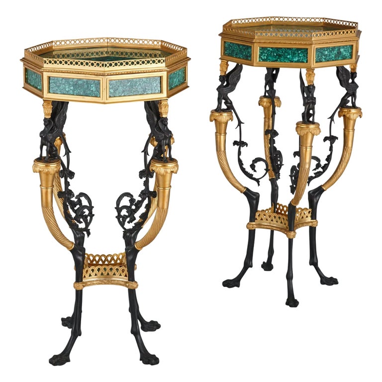 Pair of French Neoclassical Style Malachite and Gilt Bronze Side Tables For Sale