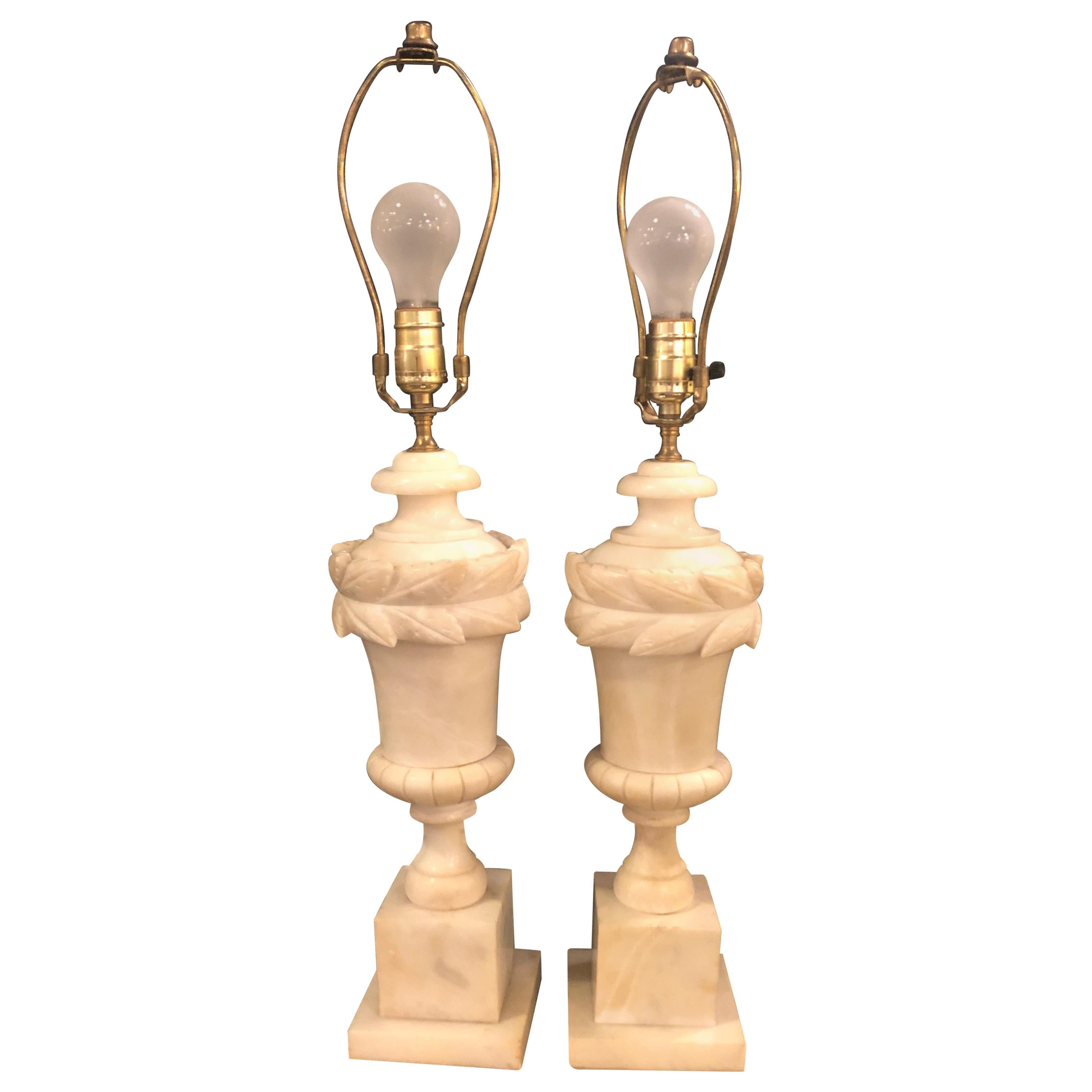 Pair of French Neoclassical Style Off-White Alabaster Urn Shaped Table Lamps