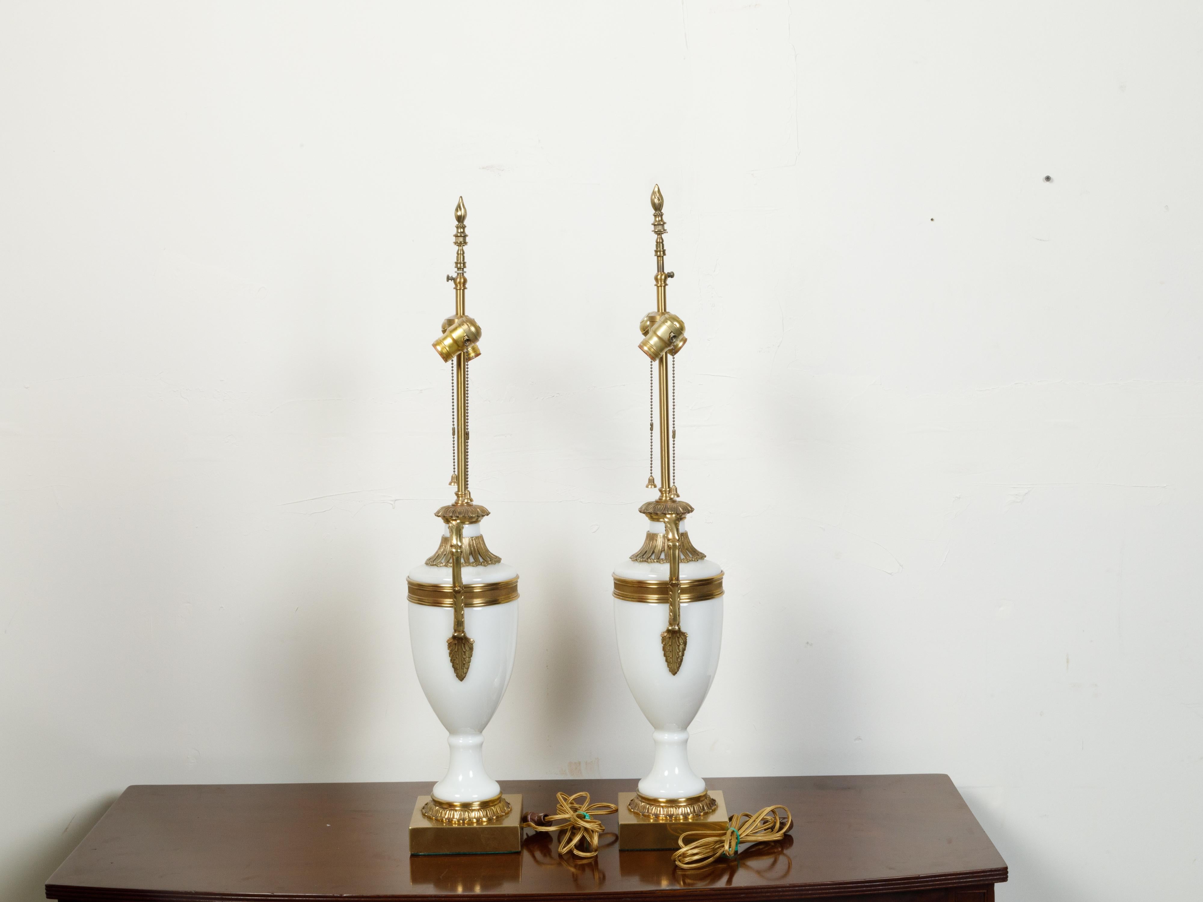 Pair of French Neoclassical Style Opaline Glass Table Lamps with Brass Accents For Sale 1