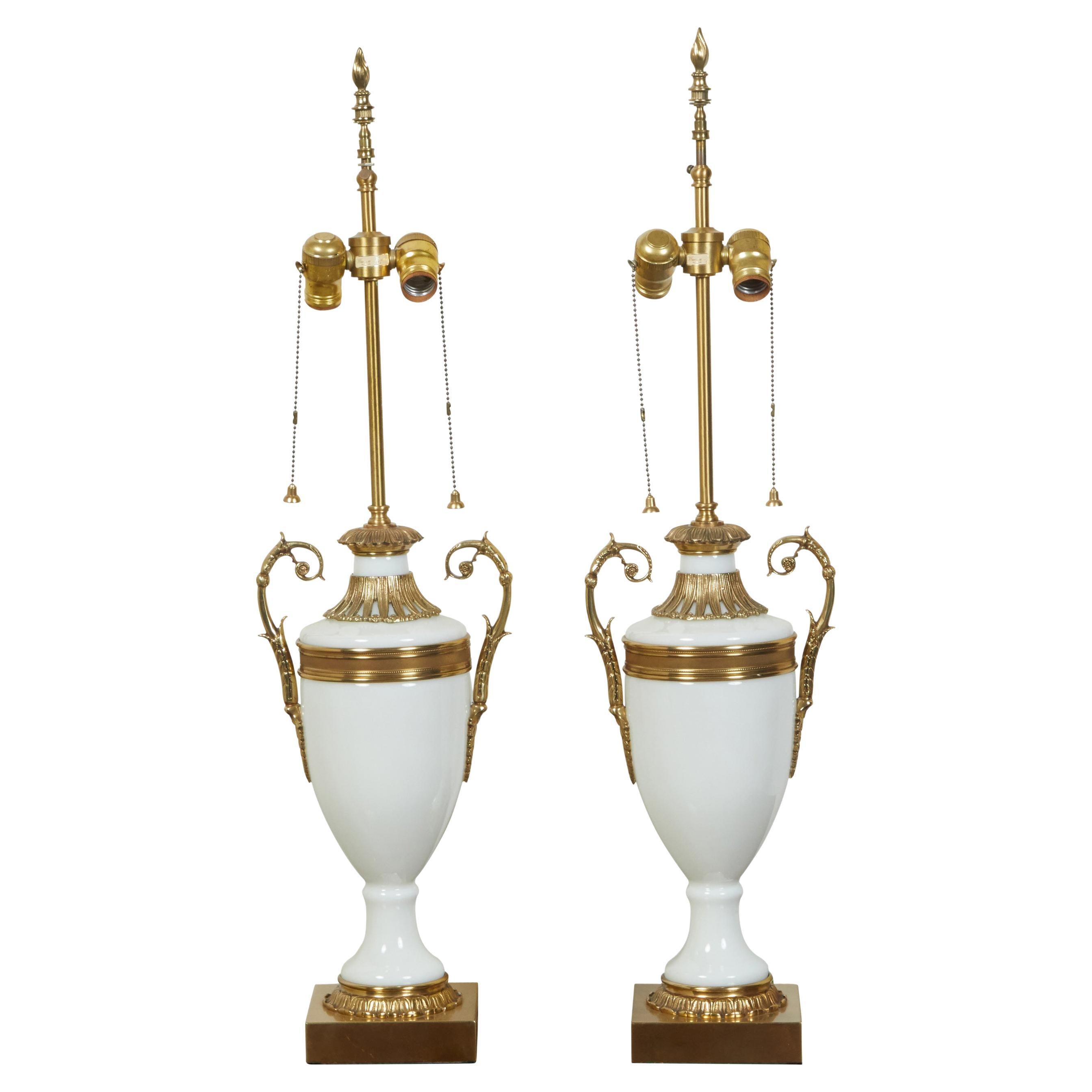 Pair of French Neoclassical Style Opaline Glass Table Lamps with Brass Accents