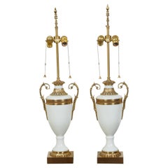 Vintage Pair of French Neoclassical Style Opaline Glass Table Lamps with Brass Accents