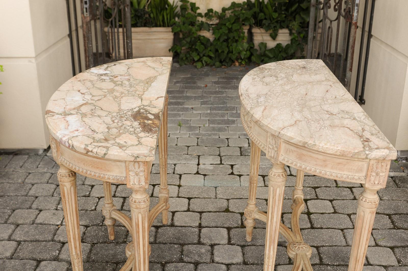 Pair of French Neoclassical Style Painted Demilunes with Marble Tops, circa 1900 6