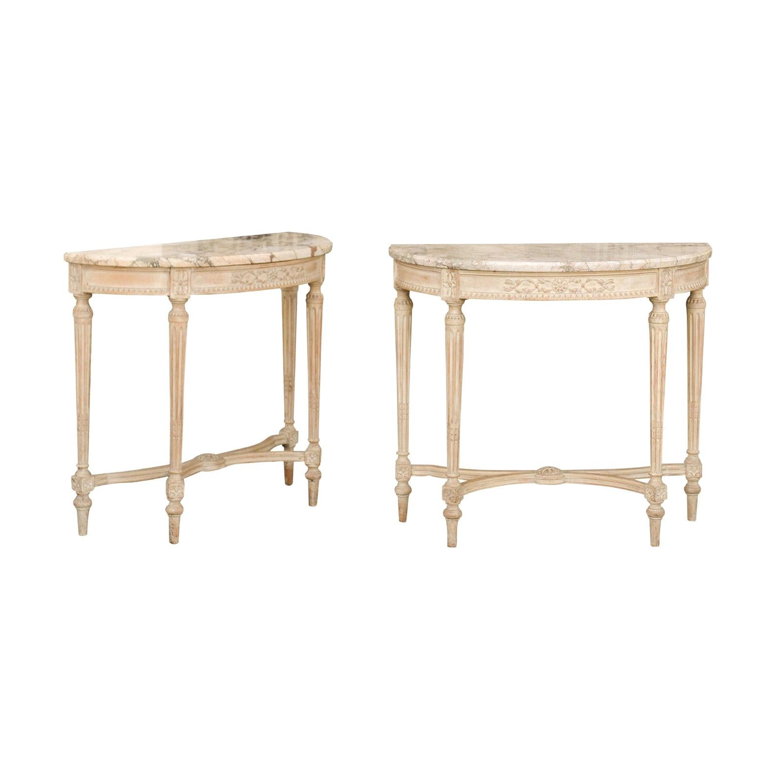 Pair of French Neoclassical Style Painted Demilunes with Marble Tops, circa 1900