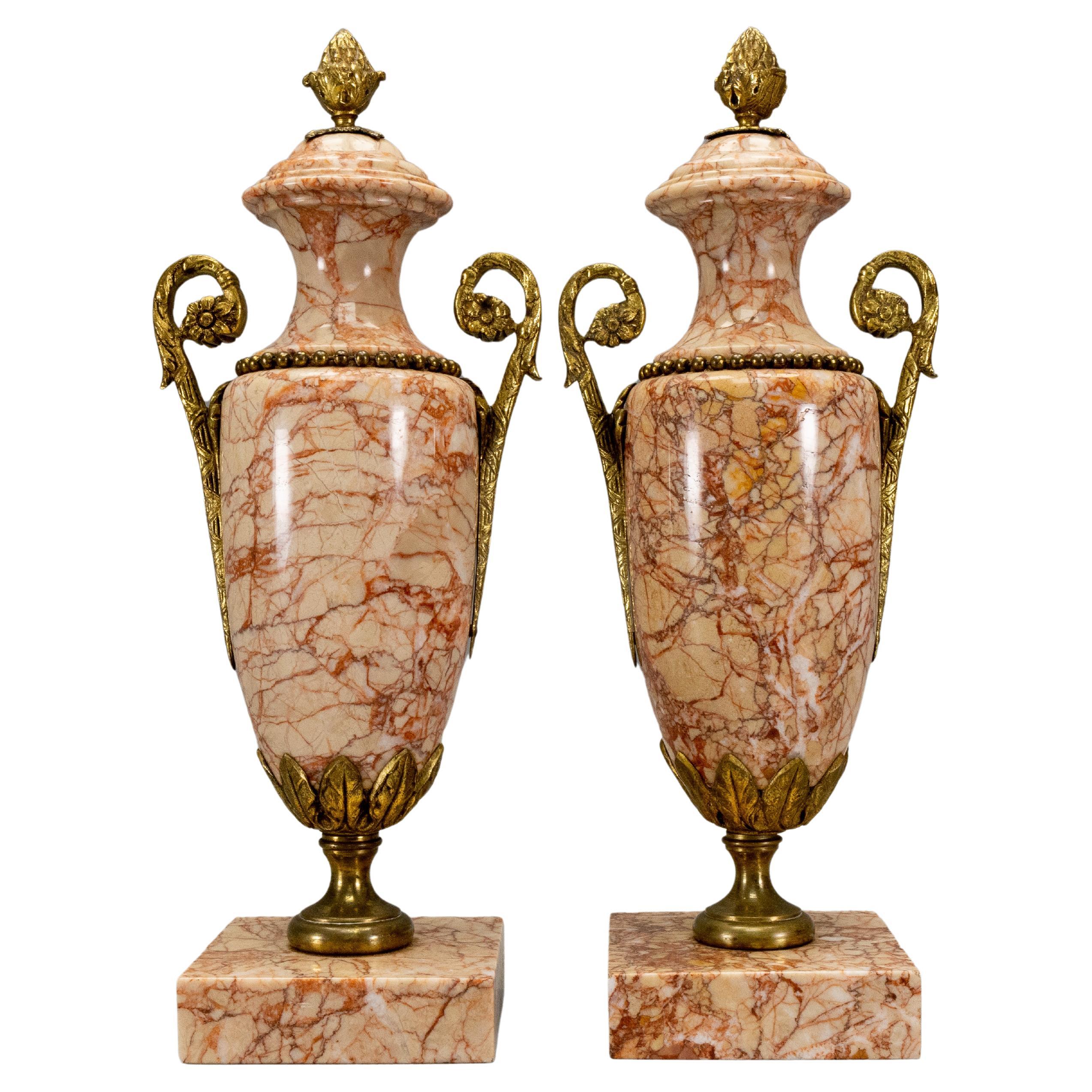 Paire d’urnes décoratives néoclassiques françaises en marbre rose avec montures en bronze, 1920