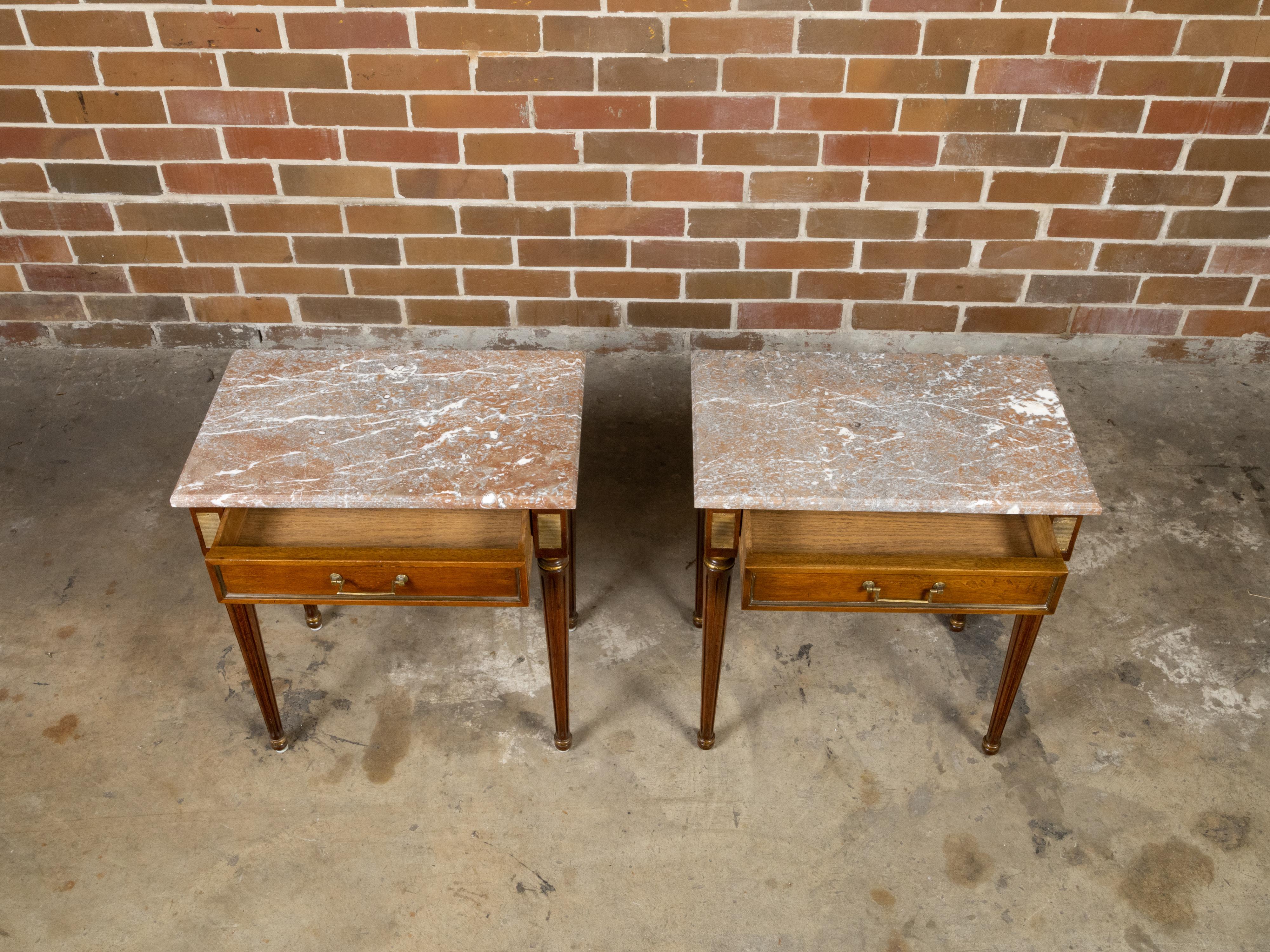 19th Century Pair of French Neoclassical Style Walnut Console Tables with Marble Tops For Sale