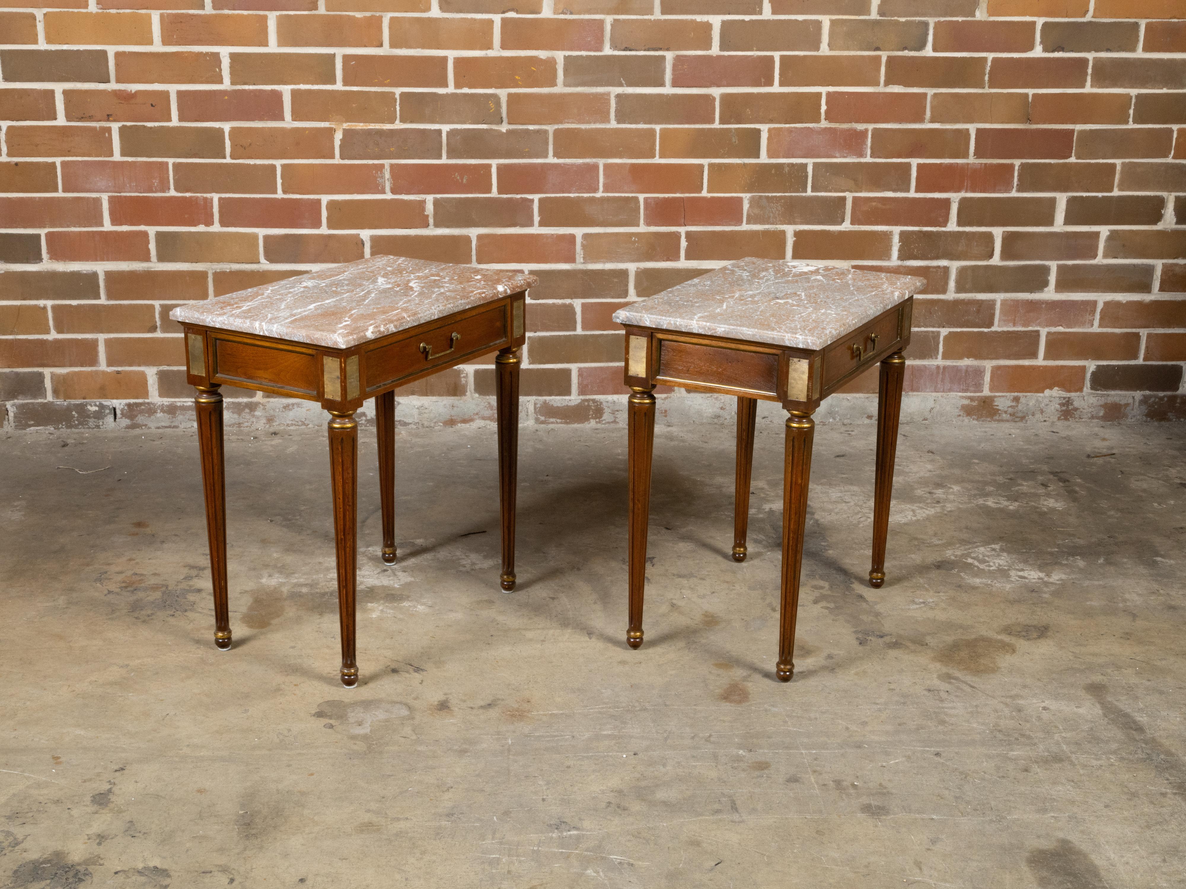 Pair of French Neoclassical Style Walnut Console Tables with Marble Tops For Sale 1
