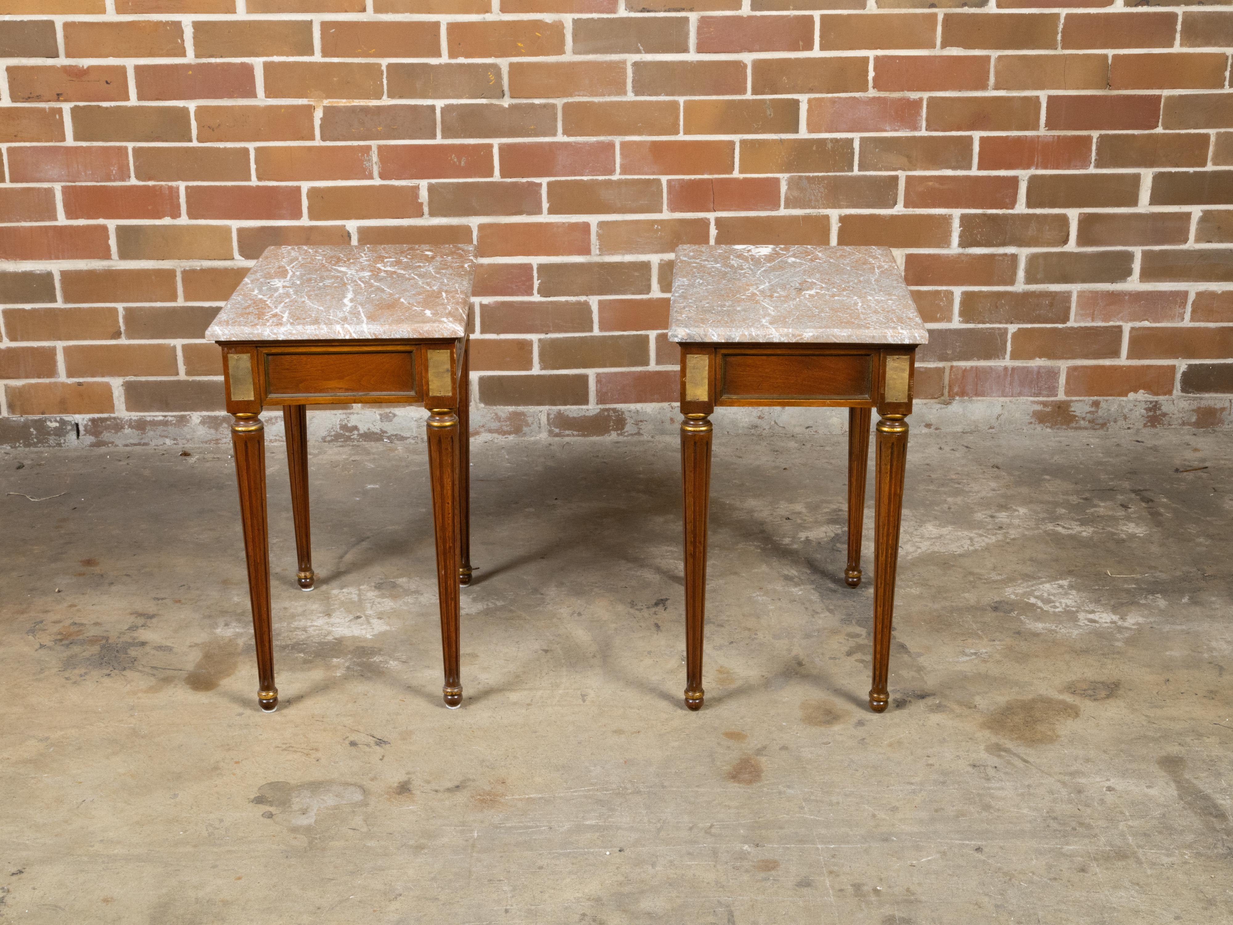 Pair of French Neoclassical Style Walnut Console Tables with Marble Tops For Sale 2
