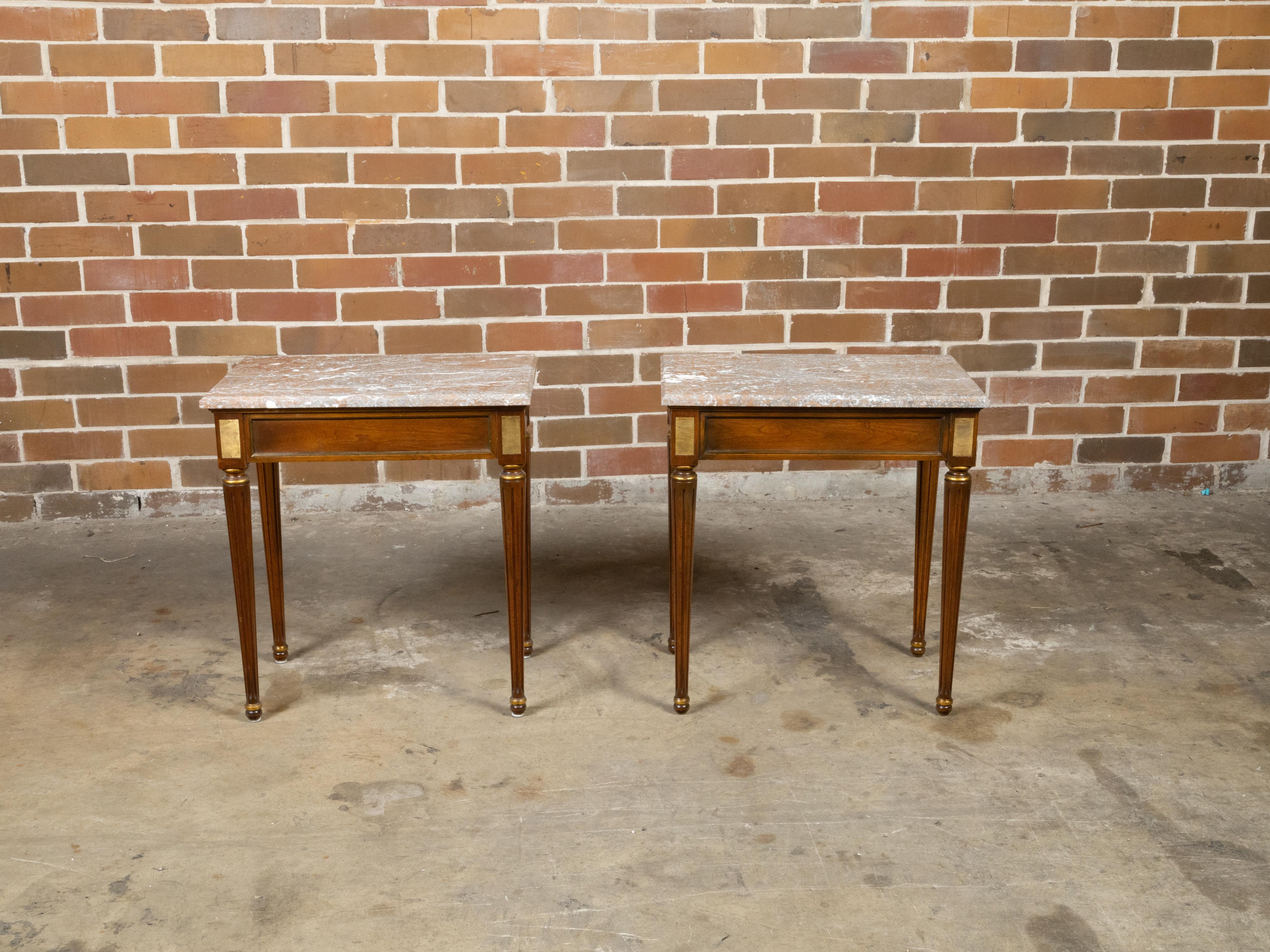 Pair of French Neoclassical Style Walnut Console Tables with Marble Tops For Sale 3