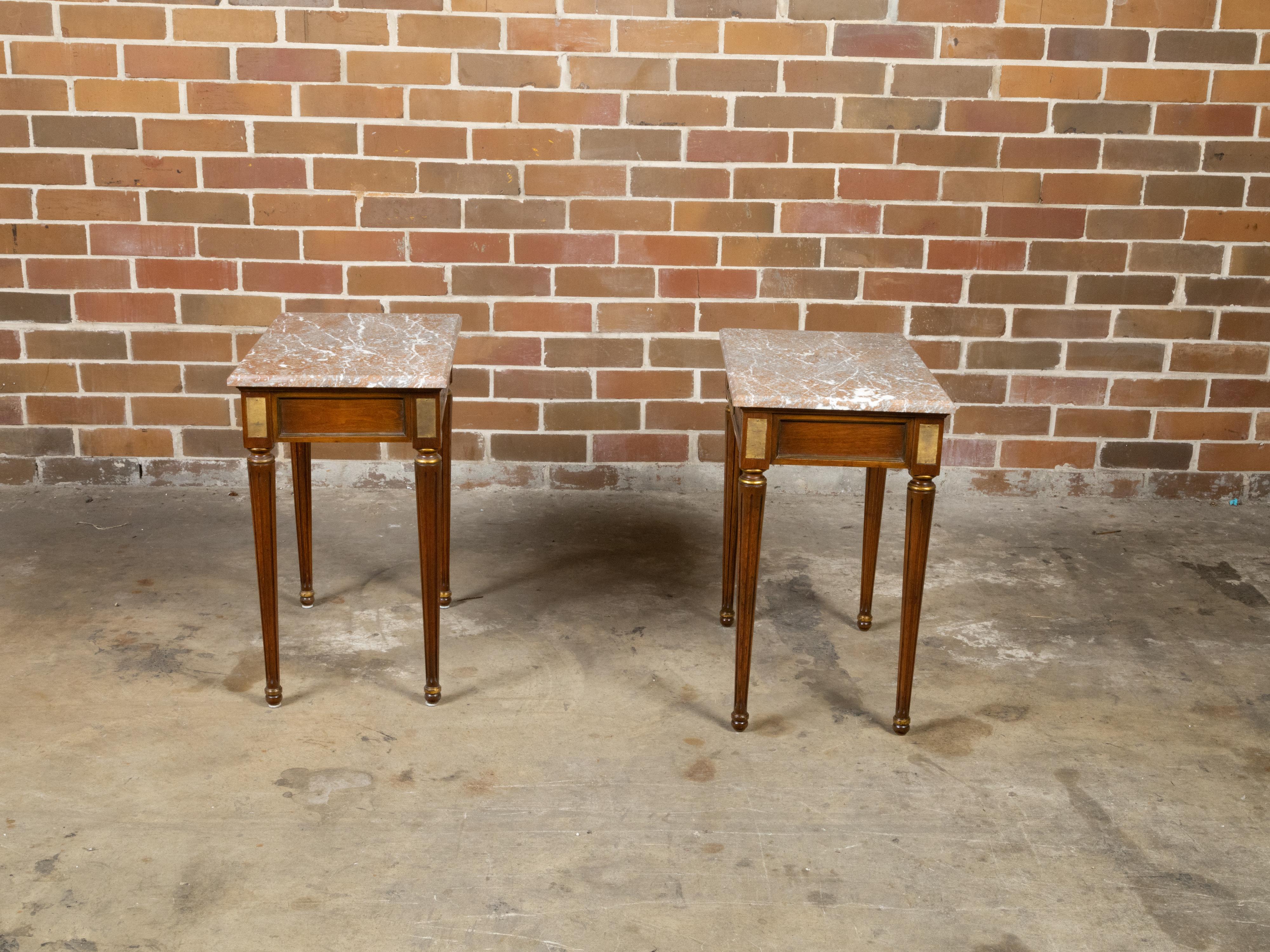 Pair of French Neoclassical Style Walnut Console Tables with Marble Tops For Sale 4